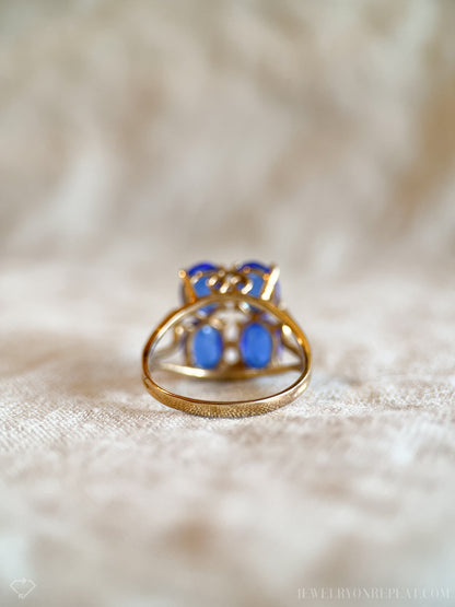 Vintage Blue Spinel Ring, 14k Gold, Clover Cluster Statement Ring, 1970s Bold Jewelry