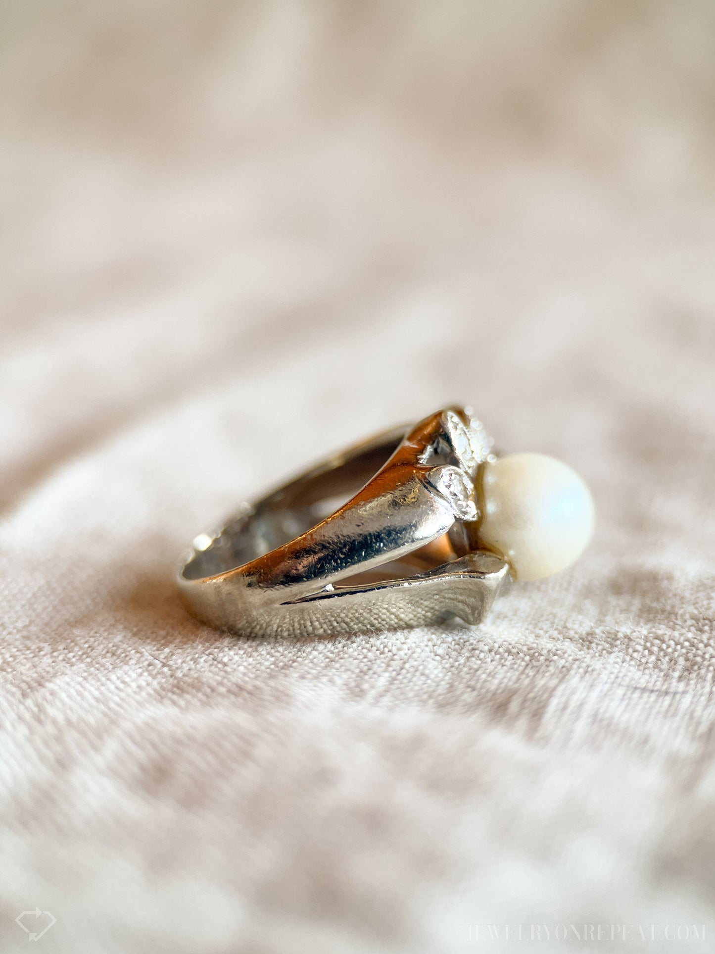 Vintage Pearl and Diamond Engagement Ring, 14k White Gold, 1950s Art Nouveau Bridal Ring