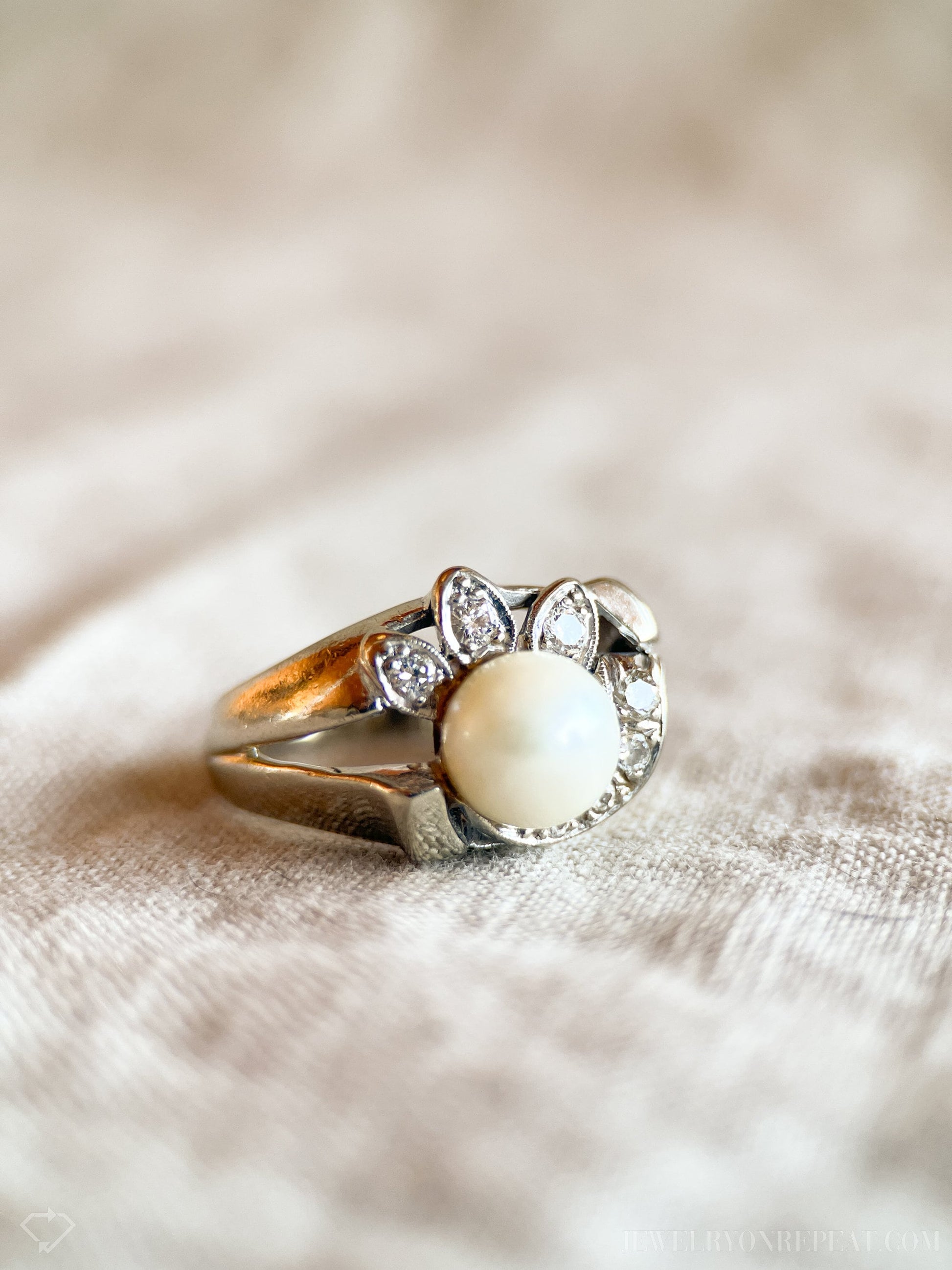 Vintage Pearl and Diamond Engagement Ring, 14k White Gold, 1950s Art Nouveau Bridal Ring