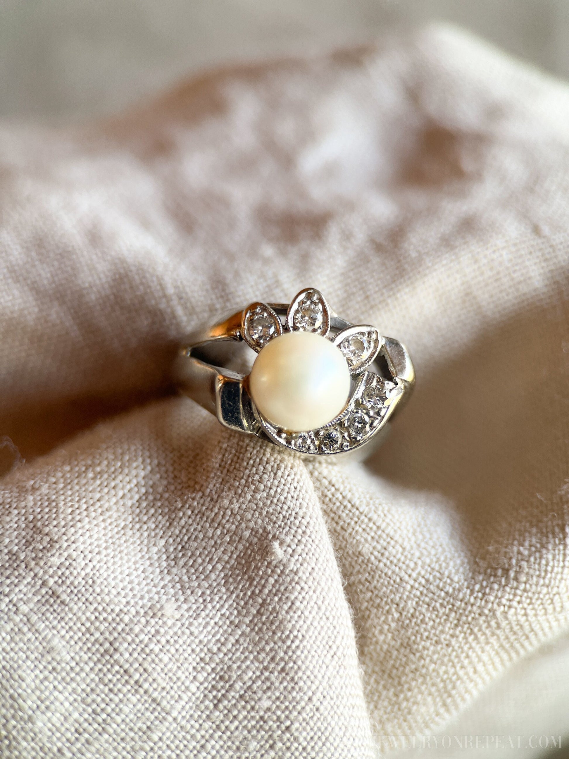Vintage Pearl and Diamond Engagement Ring, 14k White Gold, 1950s Art Nouveau Bridal Ring