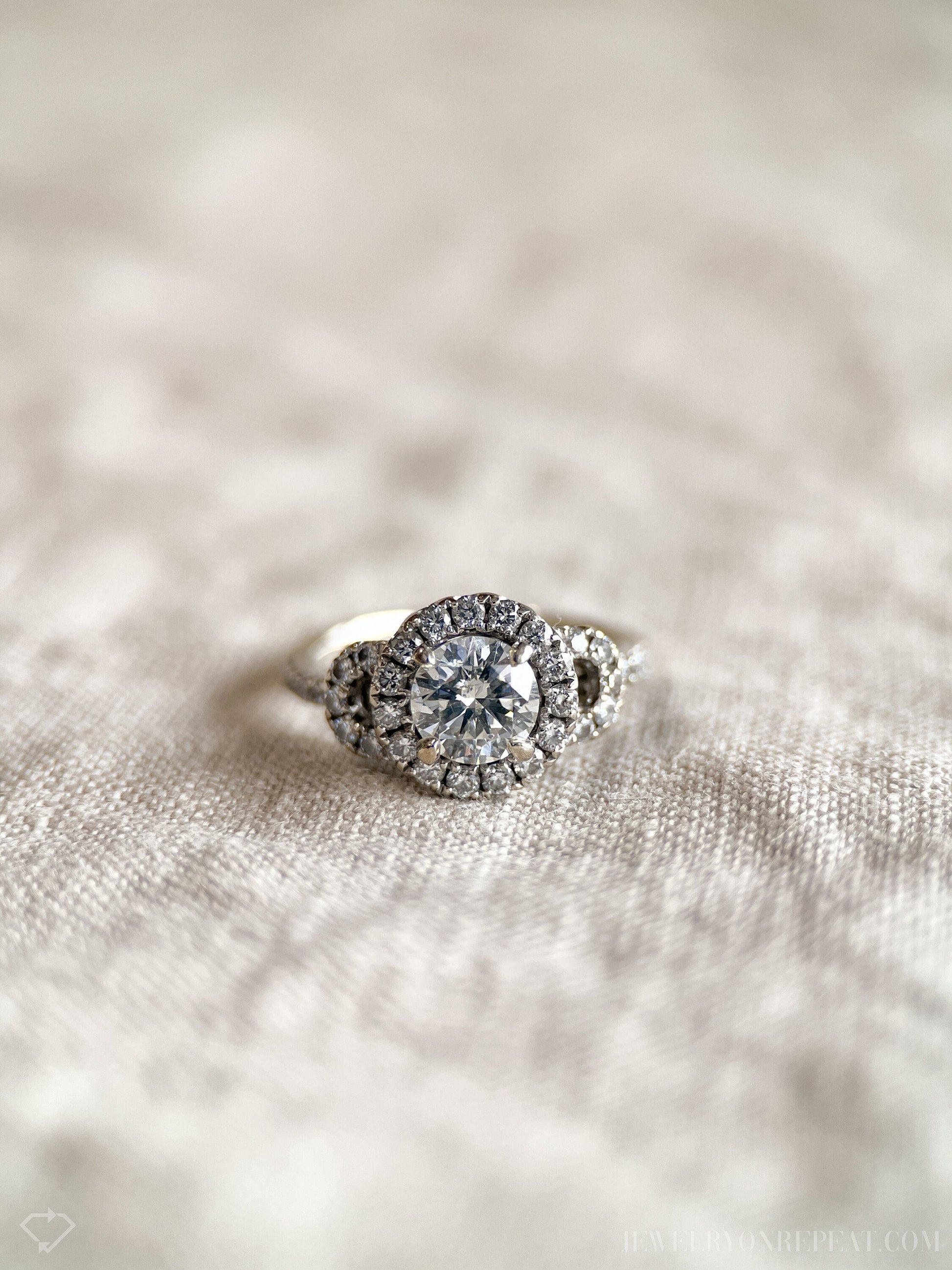 Vintage Diamond Engagement Ring, Round Cut, 14k White Gold, 2000s Ornate Halo Bridal Ring