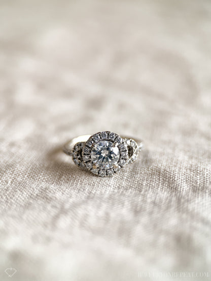 Vintage Diamond Engagement Ring, Round Cut, 14k White Gold, 2000s Ornate Halo Bridal Ring