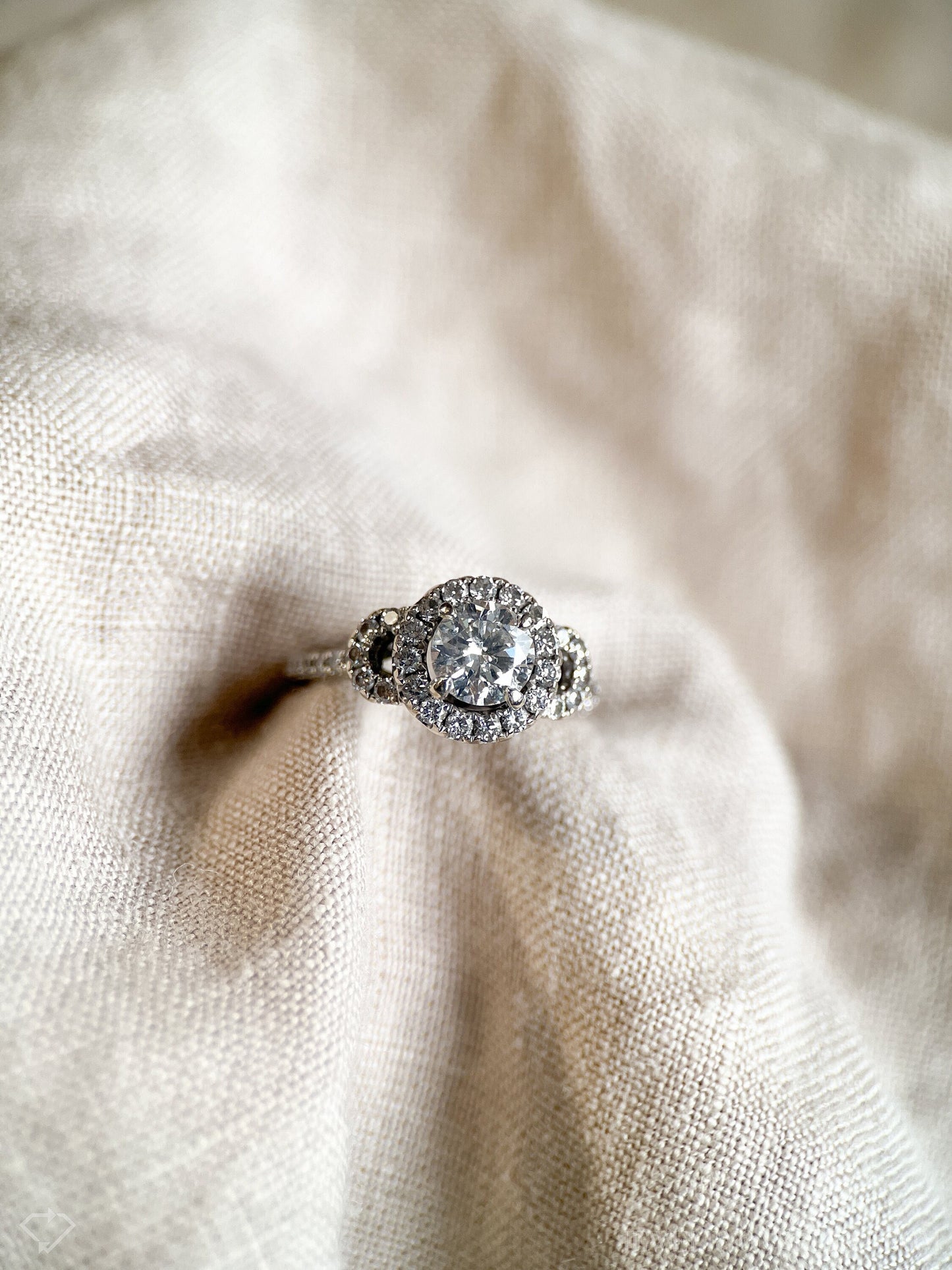 Vintage Diamond Engagement Ring, Round Cut, 14k White Gold, 2000s Ornate Halo Bridal Ring