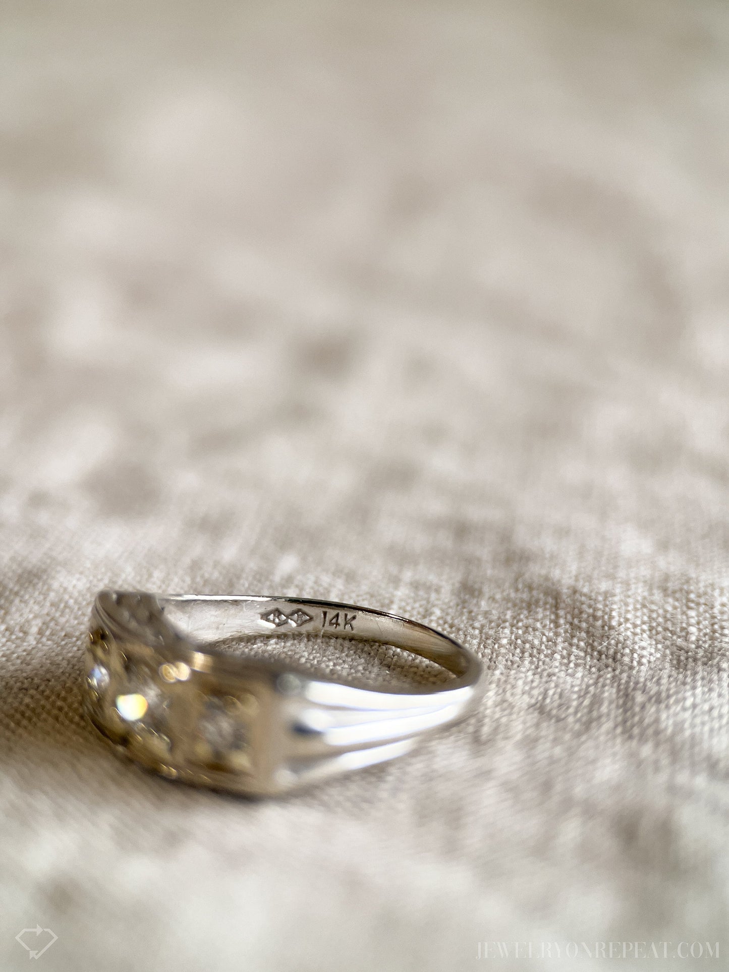 Vintage 1930s Diamond Three Stone Engagement Ring, 14k White Gold