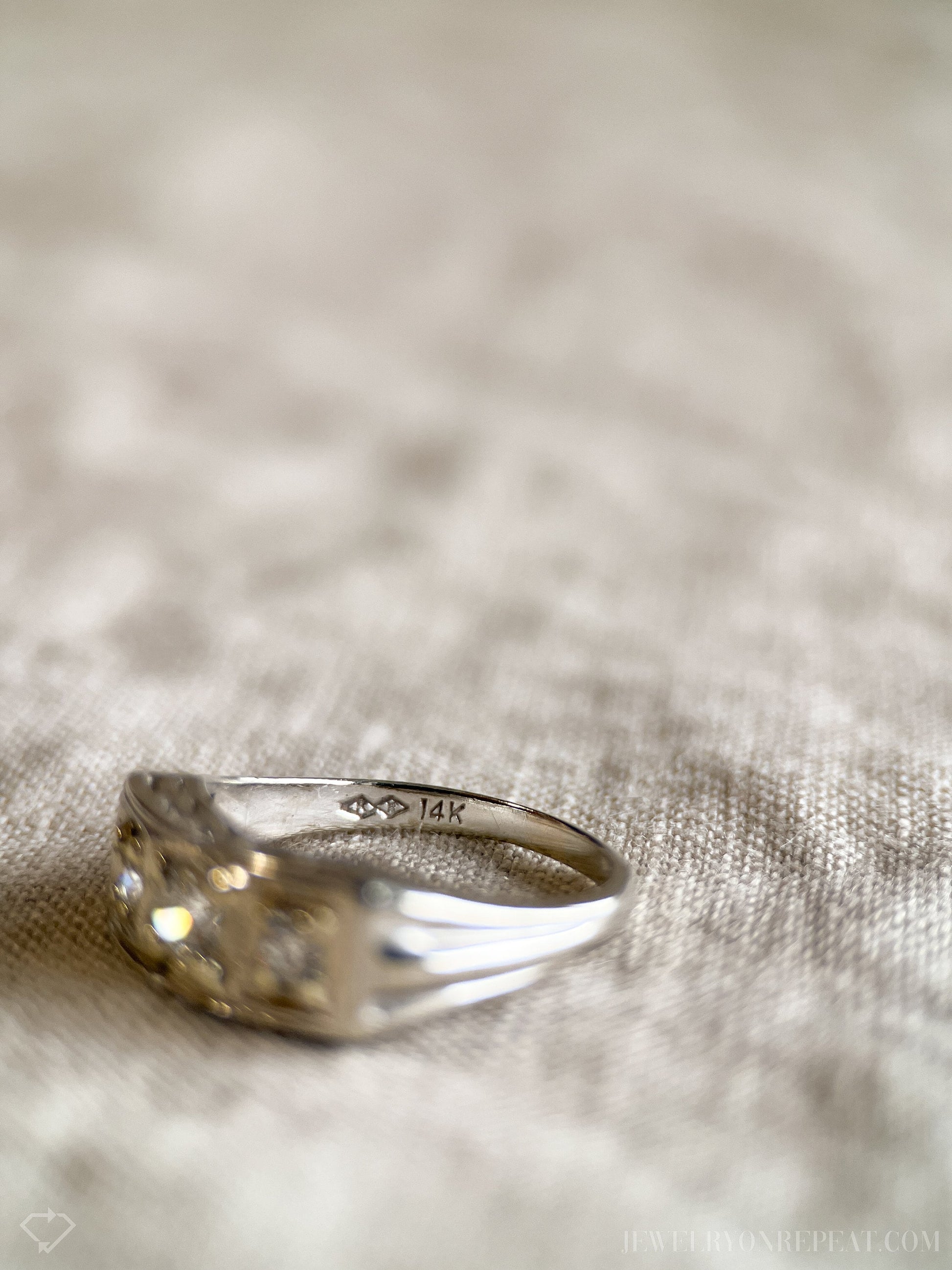 Vintage 1930s Diamond Three Stone Engagement Ring, 14k White Gold
