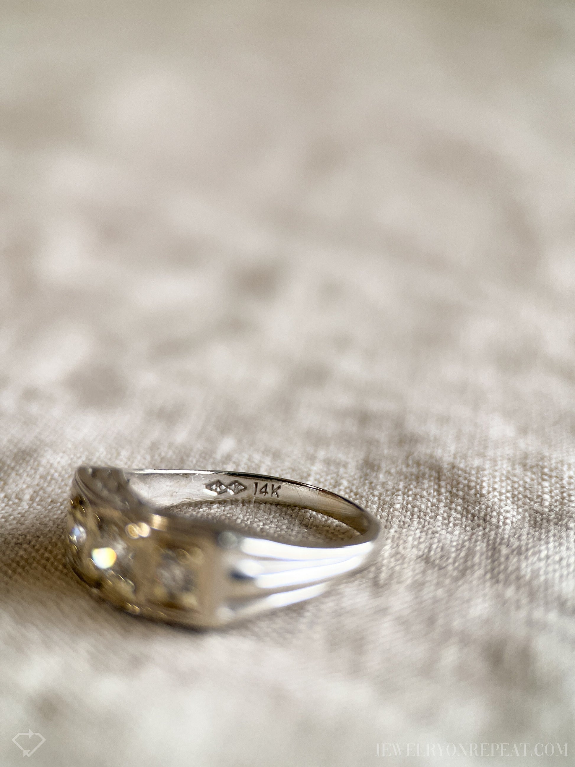 Vintage 1930s Diamond Three Stone Engagement Ring, 14k White Gold
