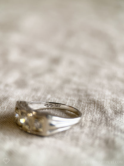 Vintage 1930s Diamond Three Stone Engagement Ring, 14k White Gold