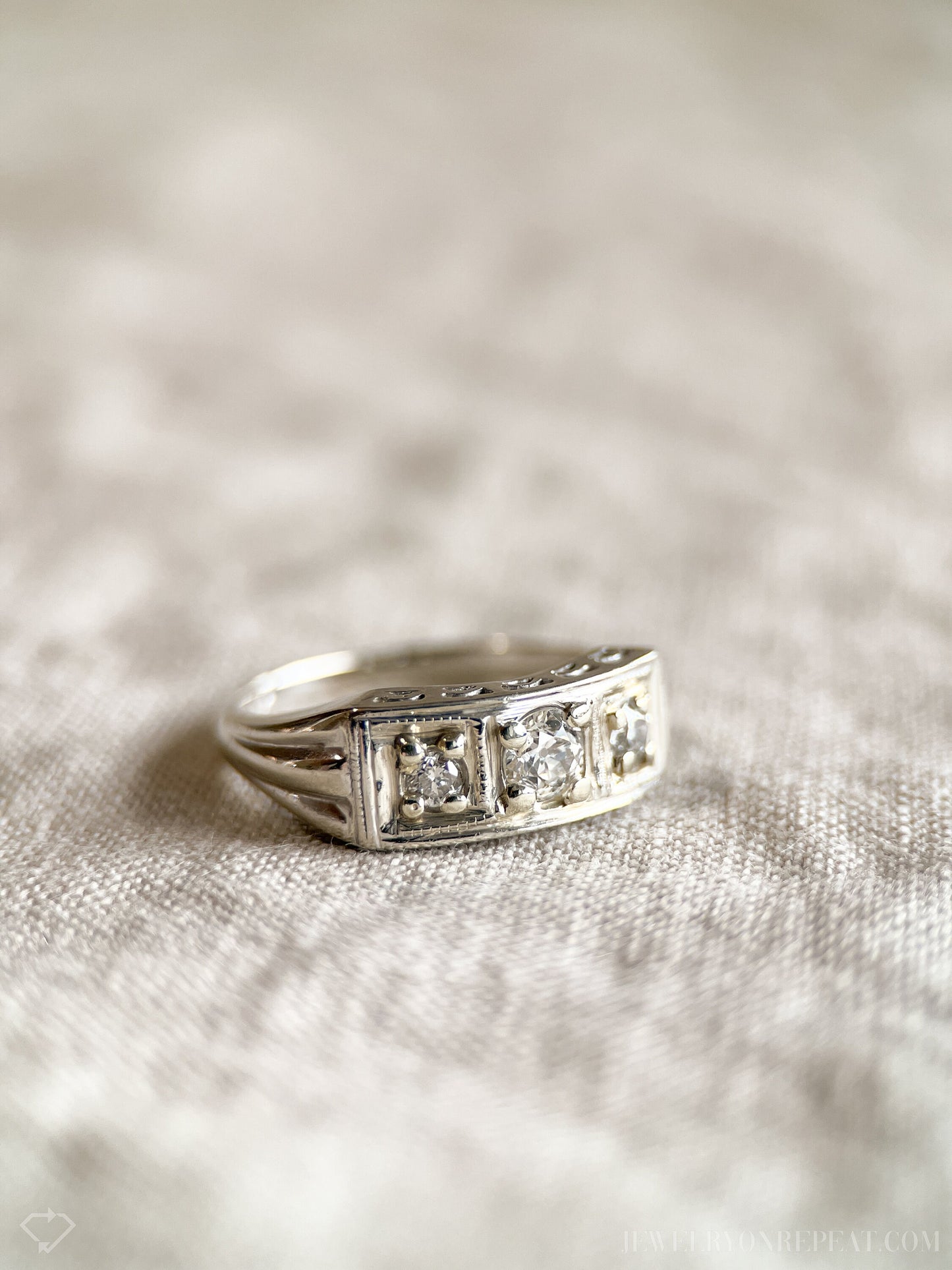 Vintage 1930s Diamond Three Stone Engagement Ring, 14k White Gold
