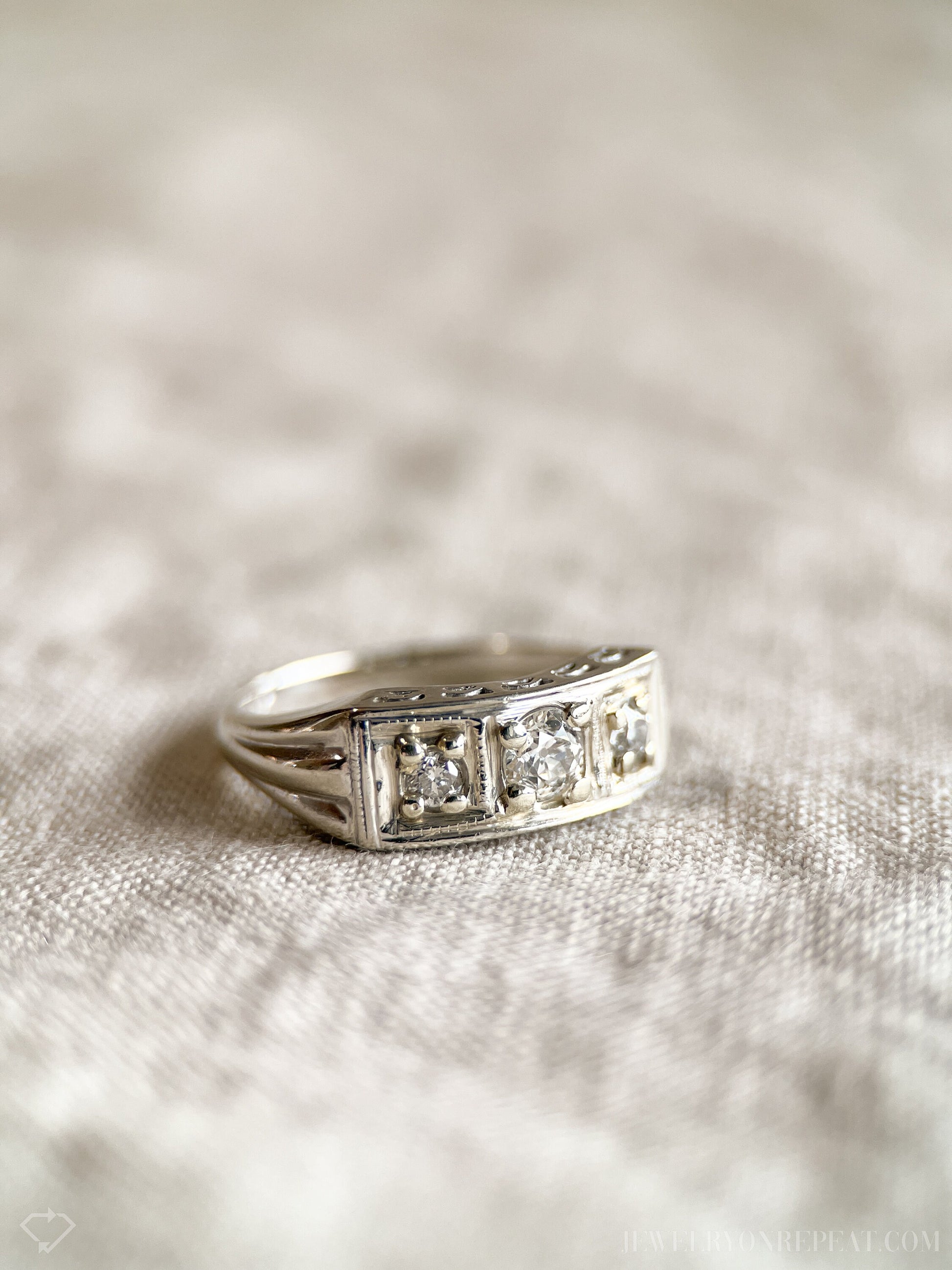 Vintage 1930s Diamond Three Stone Engagement Ring, 14k White Gold