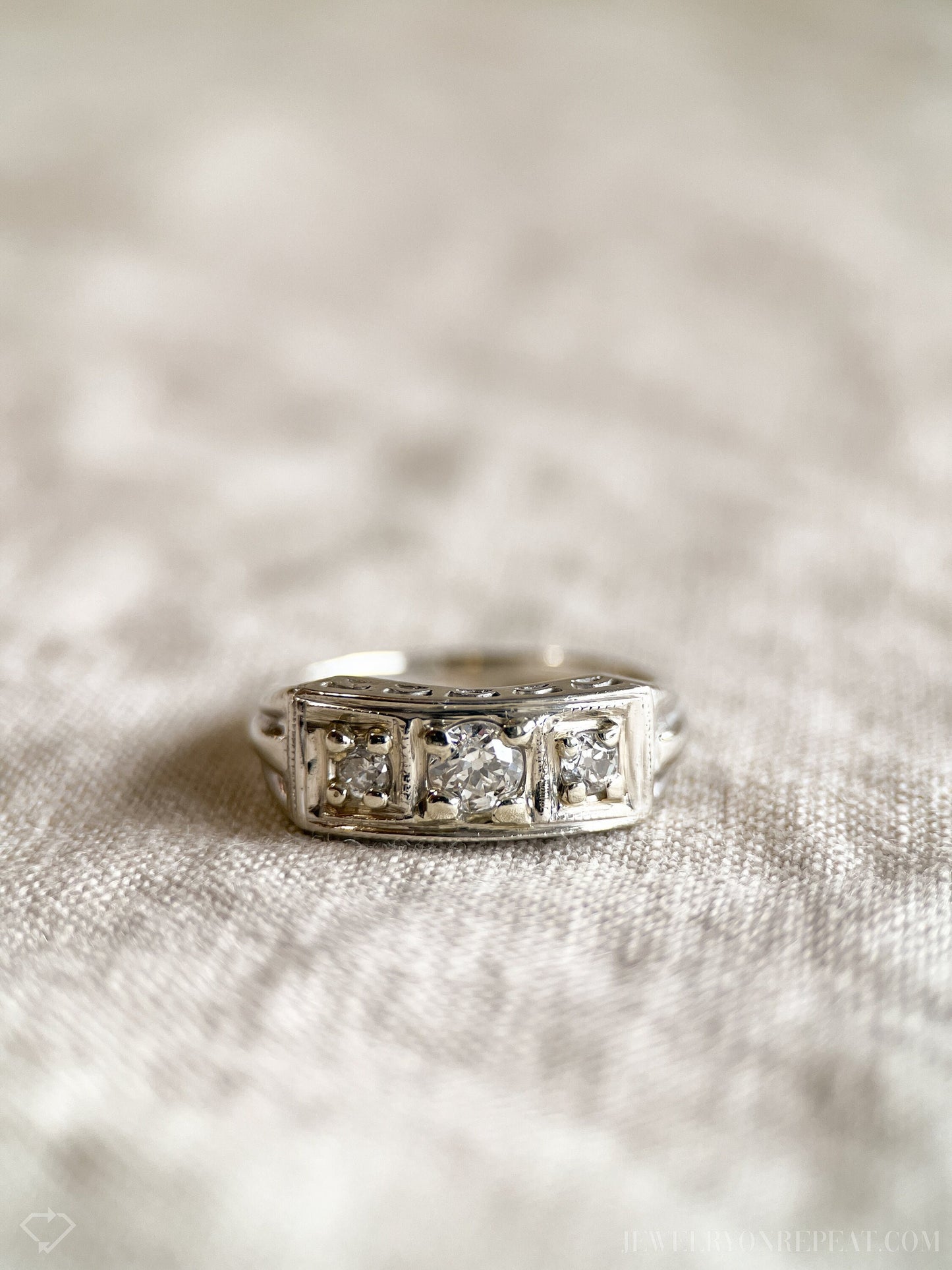 Vintage 1930s Diamond Three Stone Engagement Ring, 14k White Gold