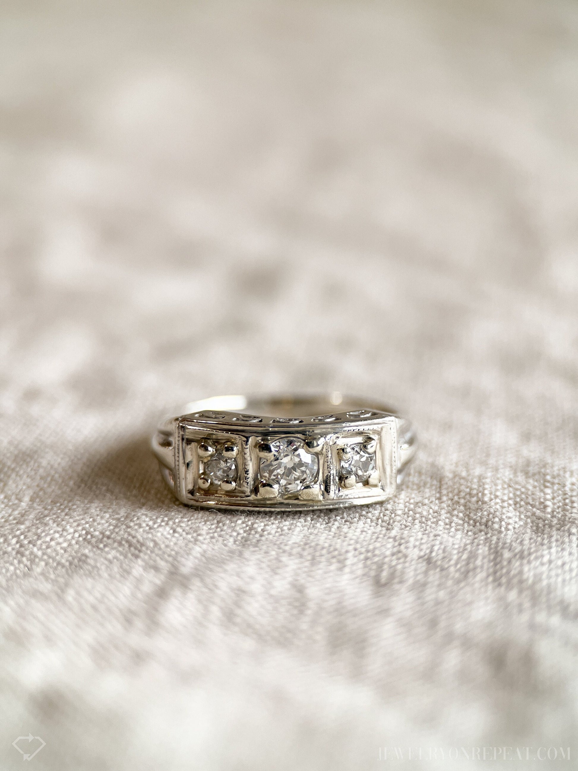Vintage 1930s Diamond Three Stone Engagement Ring, 14k White Gold