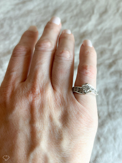 Vintage Diamond Engagement Ring, Round Cut, 14k White Gold, 1990s Swirl Channel Set Design