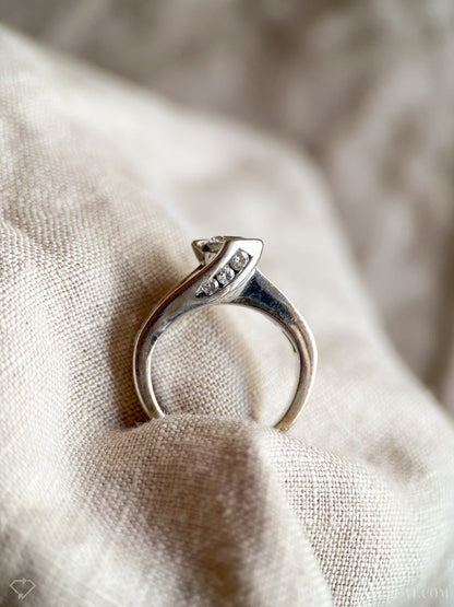 Vintage Diamond Engagement Ring, Round Cut, 14k White Gold, 1990s Swirl Channel Set Design