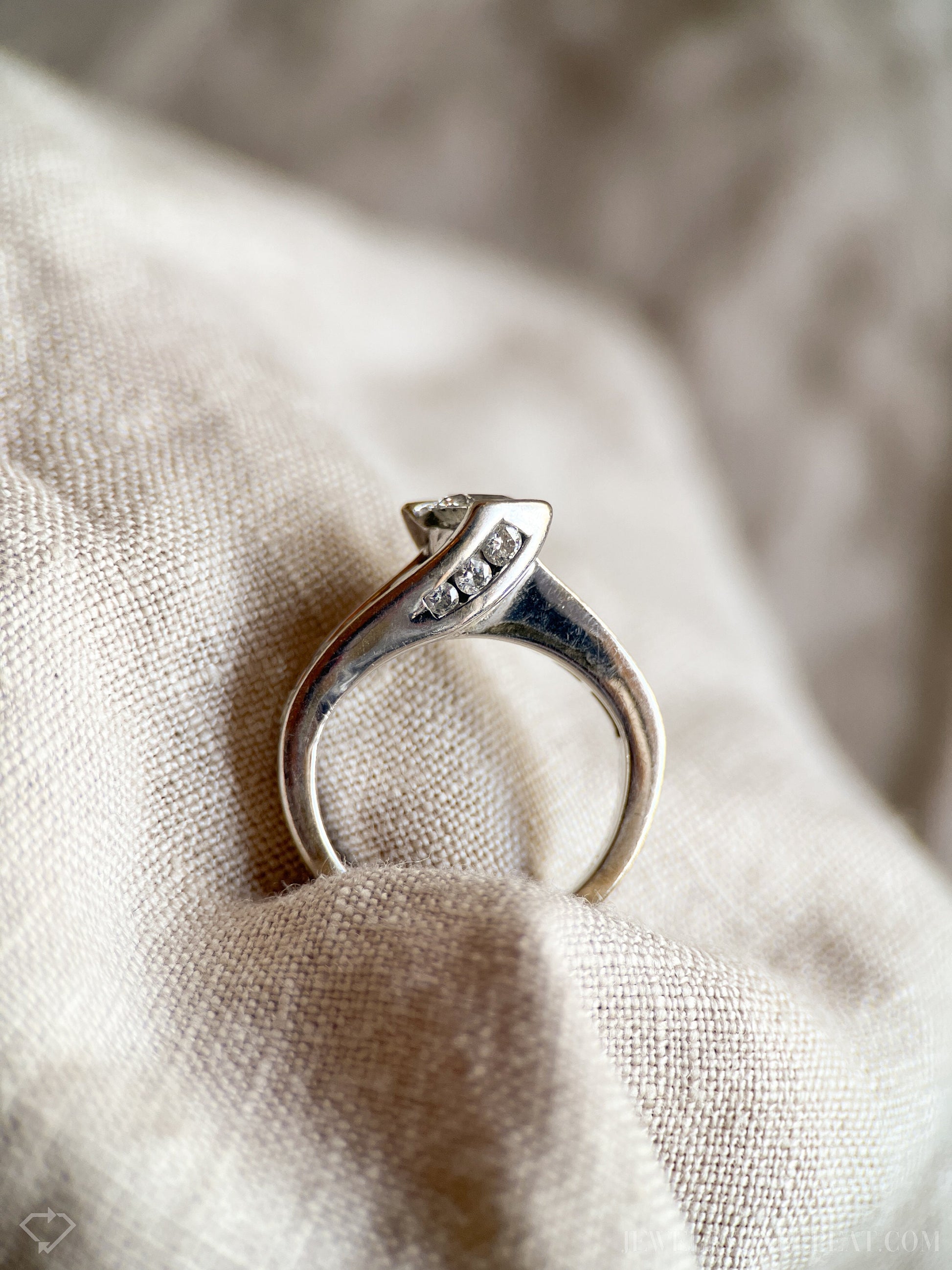 Vintage Diamond Engagement Ring, Round Cut, 14k White Gold, 1990s Swirl Channel Set Design