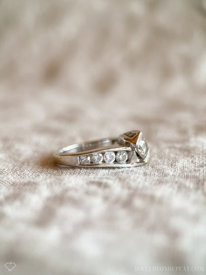 Vintage Diamond Engagement Ring, Round Cut, 14k White Gold, 1990s Swirl Channel Set Design