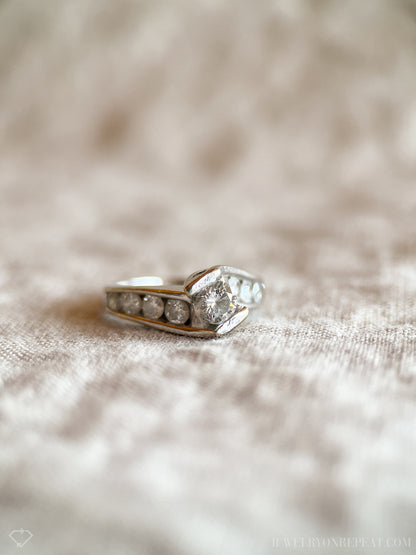 Vintage Diamond Engagement Ring, Round Cut, 14k White Gold, 1990s Swirl Channel Set Design