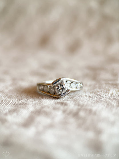 Vintage Diamond Engagement Ring, Round Cut, 14k White Gold, 1990s Swirl Channel Set Design