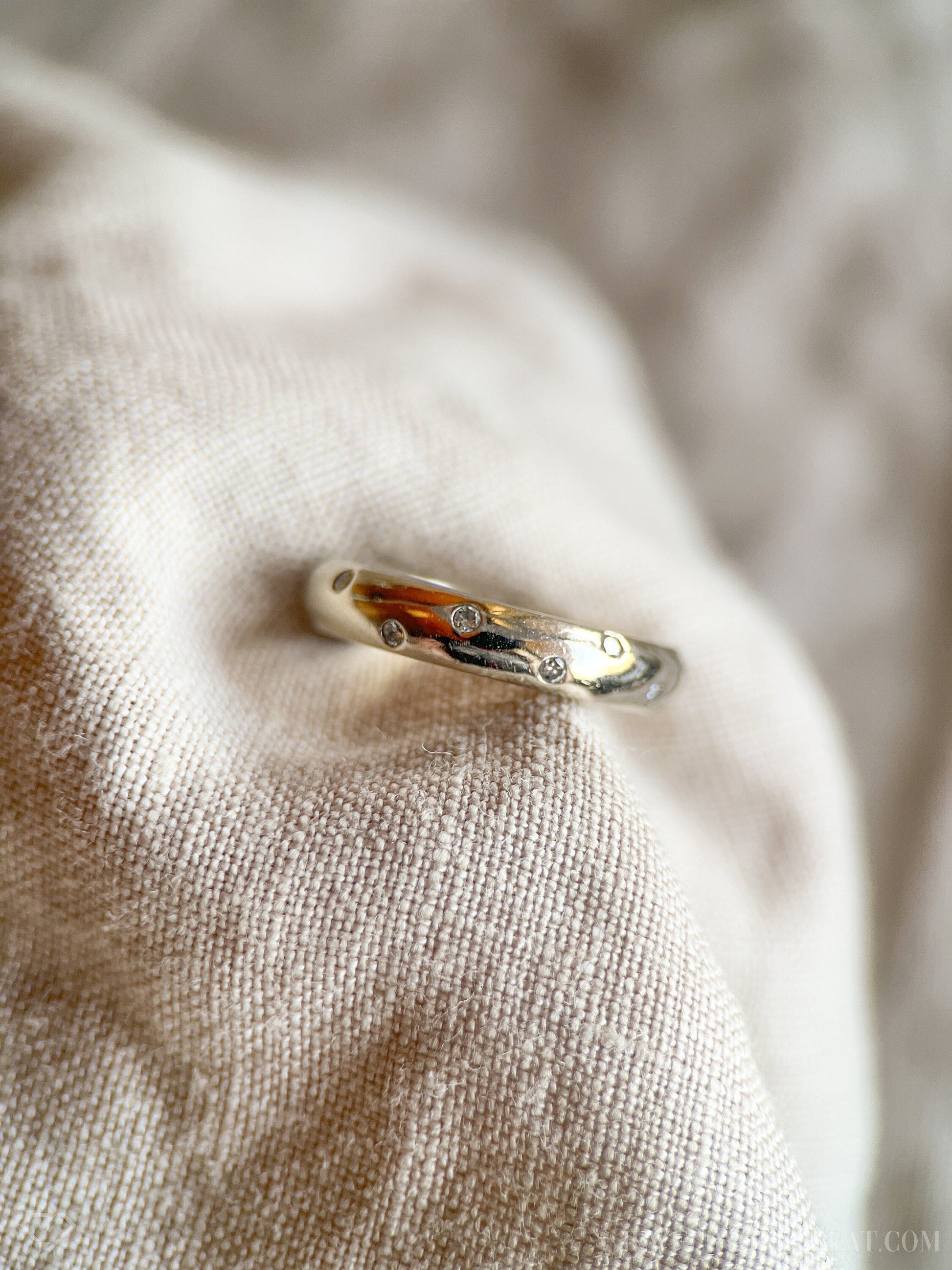 Vintage Diamond Wedding Band, 14k White Gold, Flush Set Minimalist Ring, Modern Stacking Band