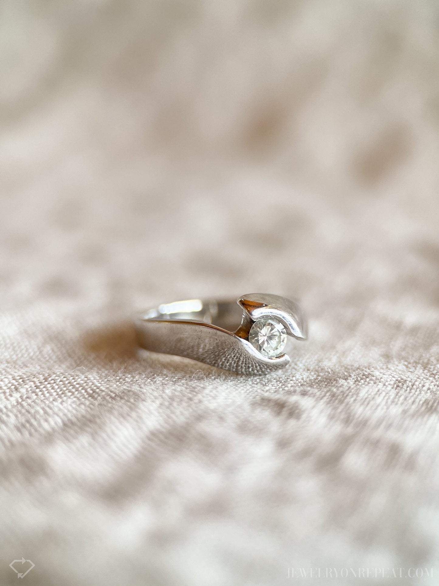 Vintage Diamond Engagement Ring, Round Cut, 14k White Gold, 1990s Swirl Solitaire Bridal Ring