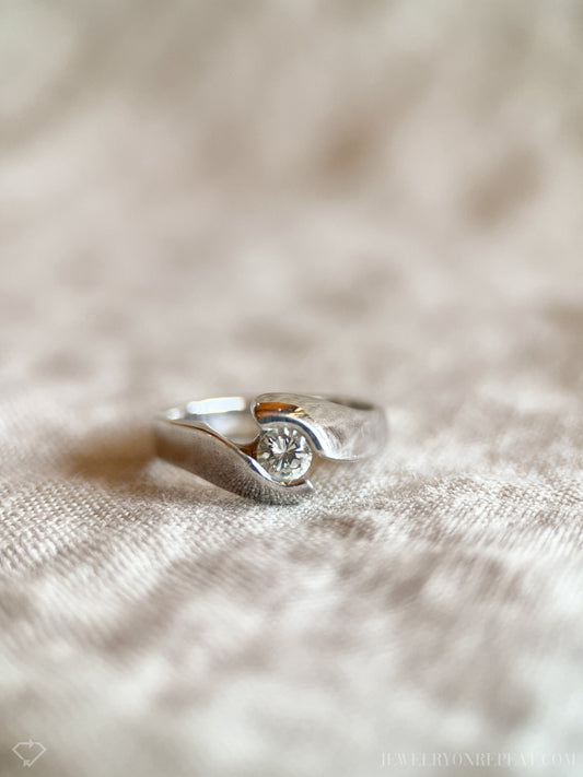 Vintage Diamond Engagement Ring, Round Cut, 14k White Gold, 1990s Swirl Solitaire Bridal Ring