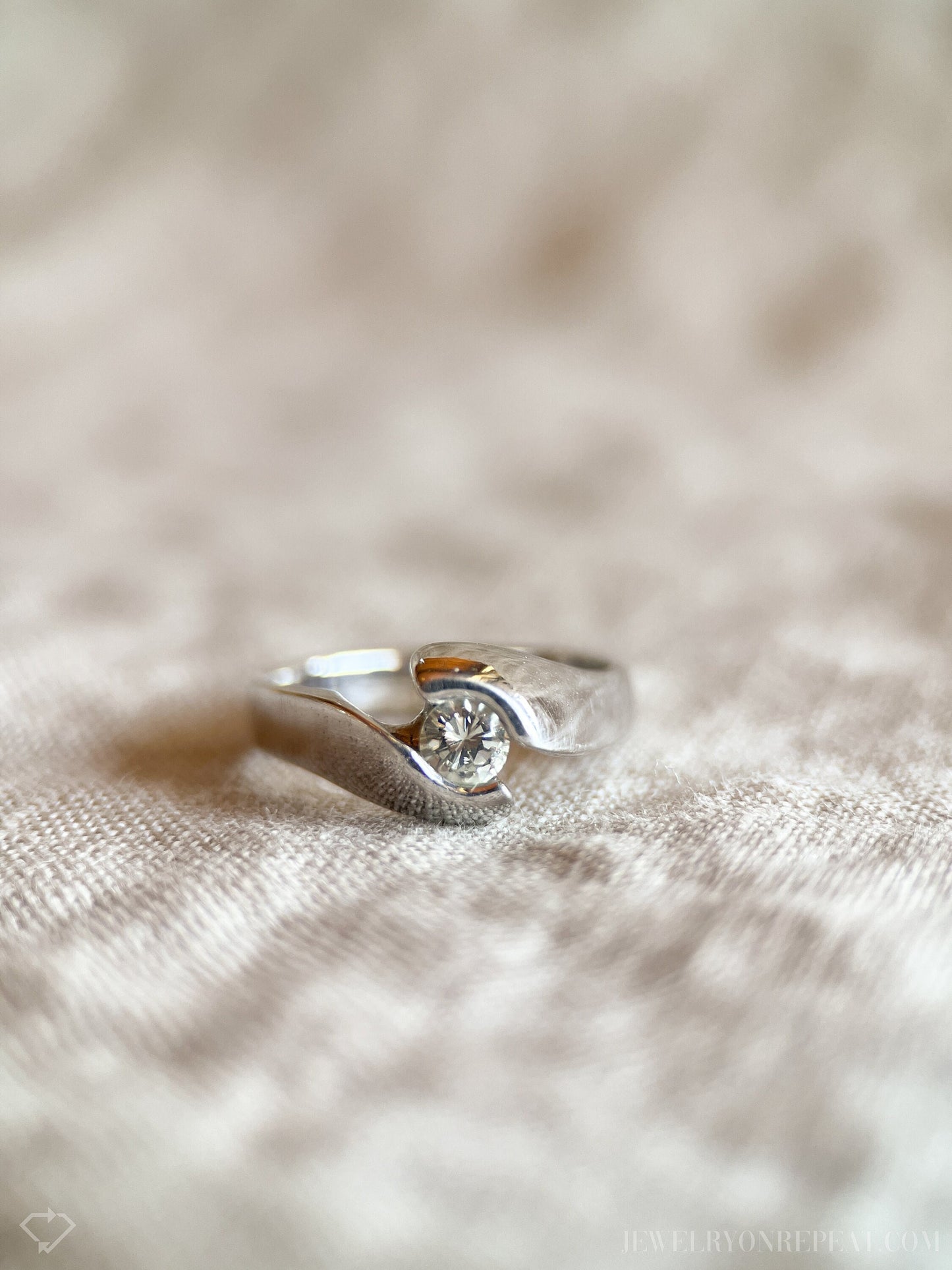 Vintage Diamond Engagement Ring, Round Cut, 14k White Gold, 1990s Swirl Solitaire Bridal Ring