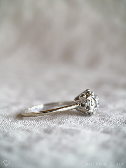 Vintage Diamond Halo Engagement Ring, Round Cut, 14k White Gold, Cluster Bridal Ring