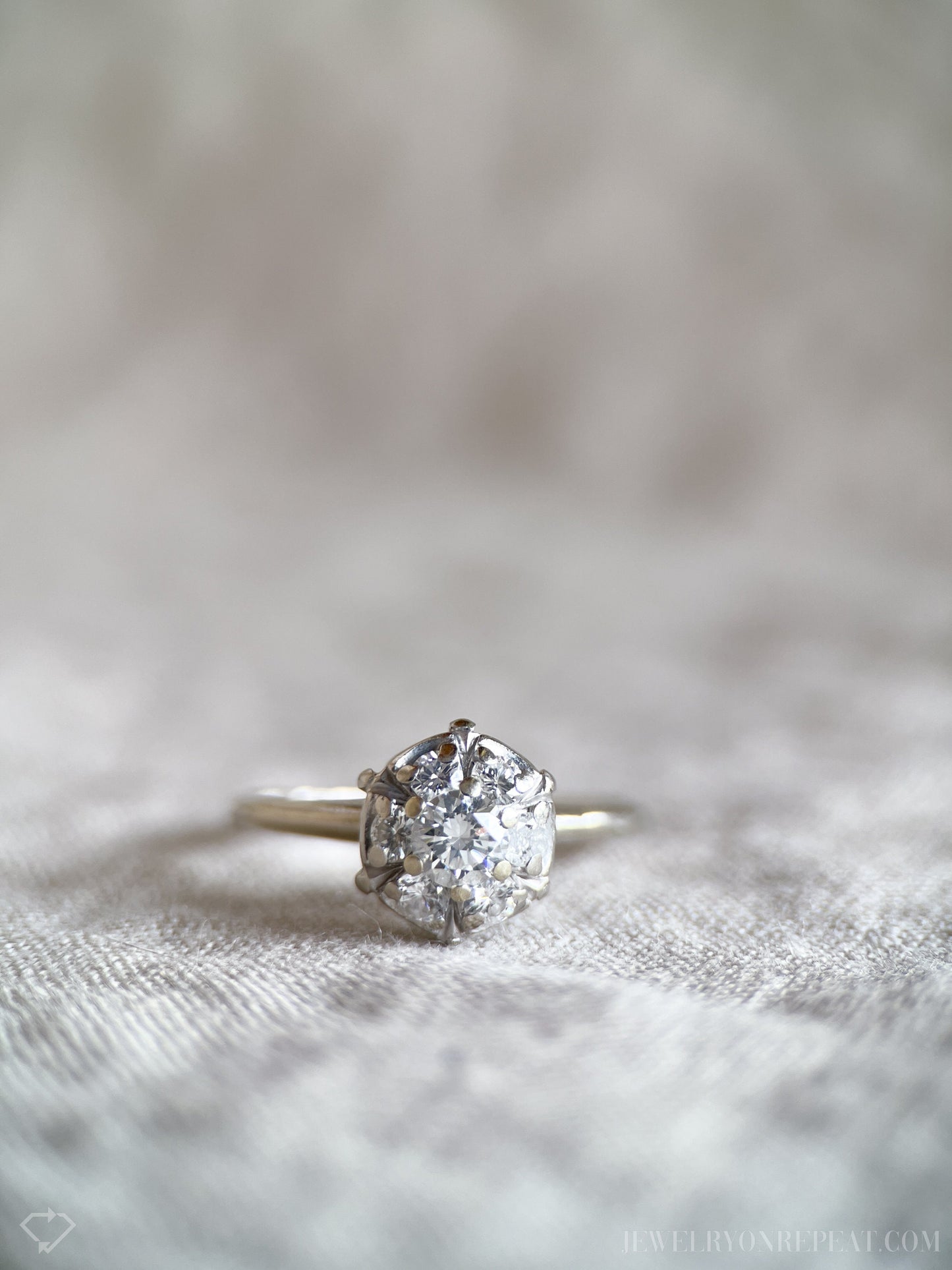 Vintage Diamond Halo Engagement Ring, Round Cut, 14k White Gold, Cluster Bridal Ring