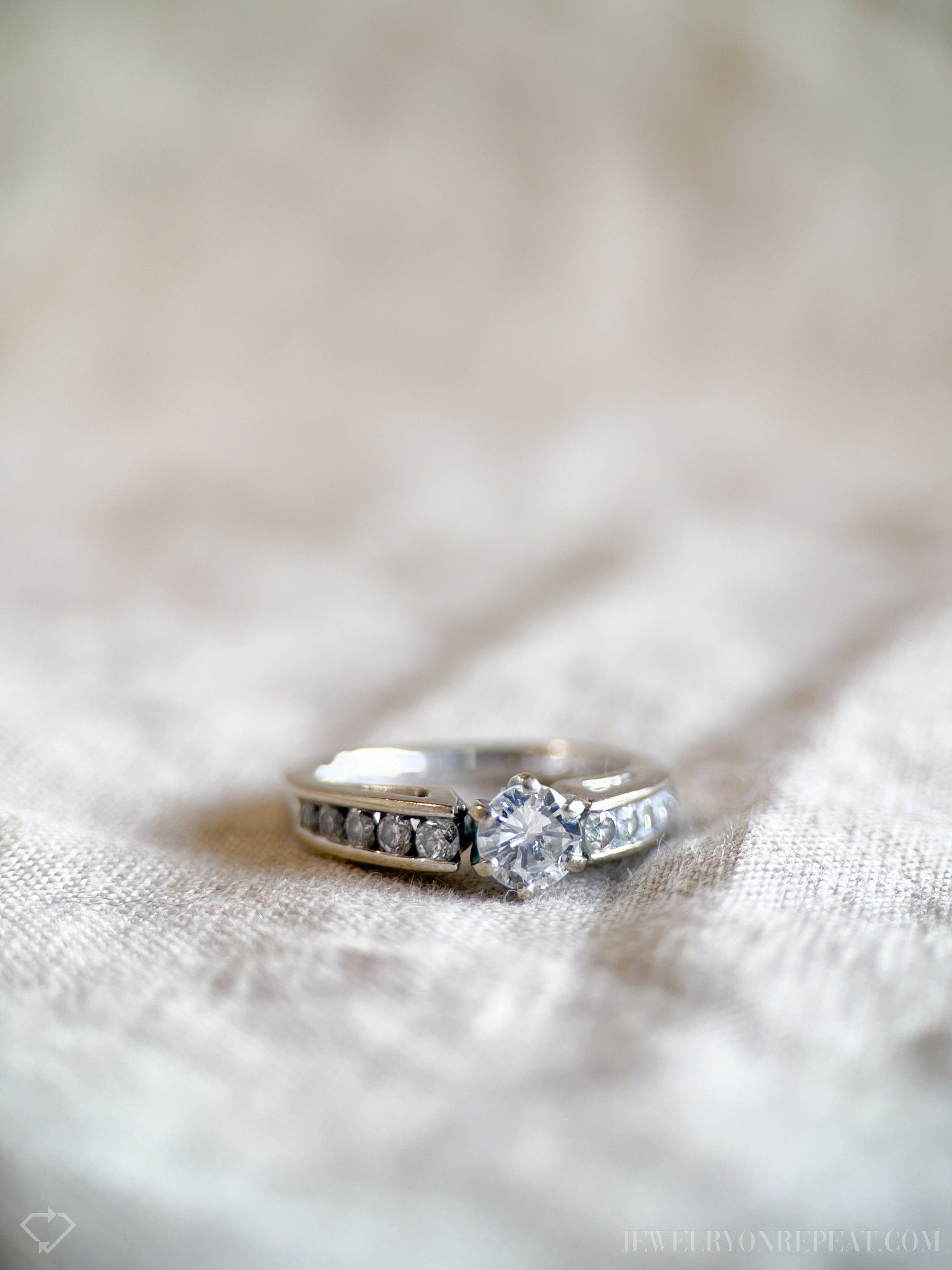 Vintage Diamond Engagement Ring, Round Cut, 14k White Gold, 1990s Channel Set Cathedral
