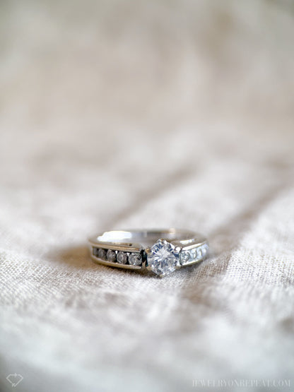 Vintage Diamond Engagement Ring, Round Cut, 14k White Gold, 1990s Channel Set Cathedral