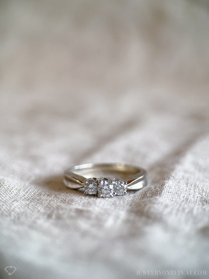 Vintage Diamond Engagement Ring, Round Cut, 14k White Gold, 1990s Three Stone Prong Setting