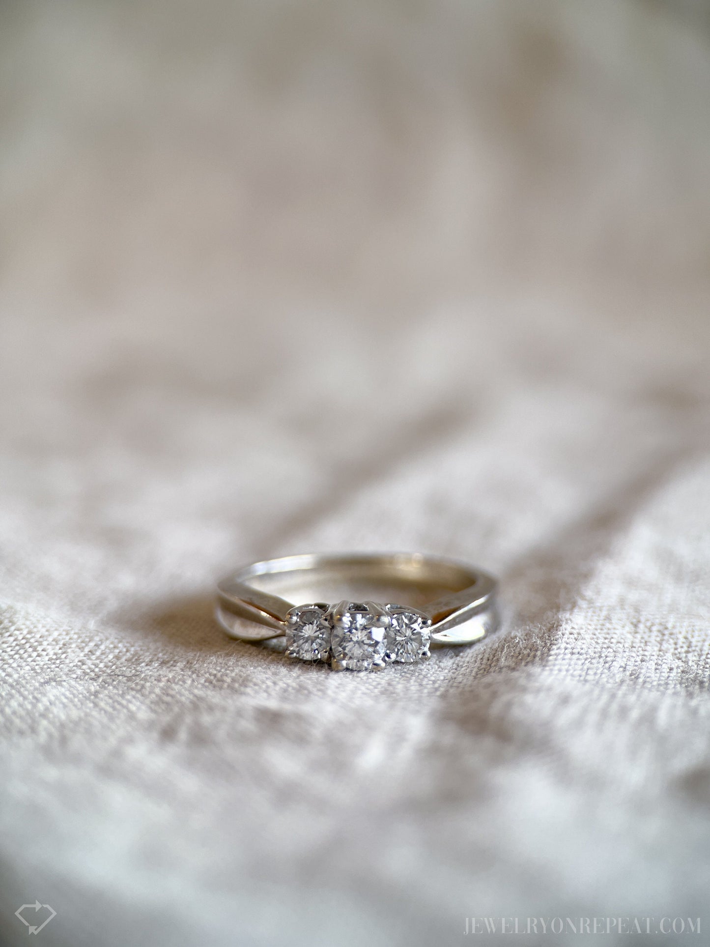Vintage Diamond Engagement Ring, Round Cut, 14k White Gold, 1990s Three Stone Prong Setting