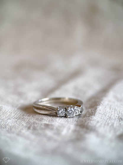 Vintage Diamond Engagement Ring, Round Cut, 14k White Gold, 1990s Three Stone Prong Setting