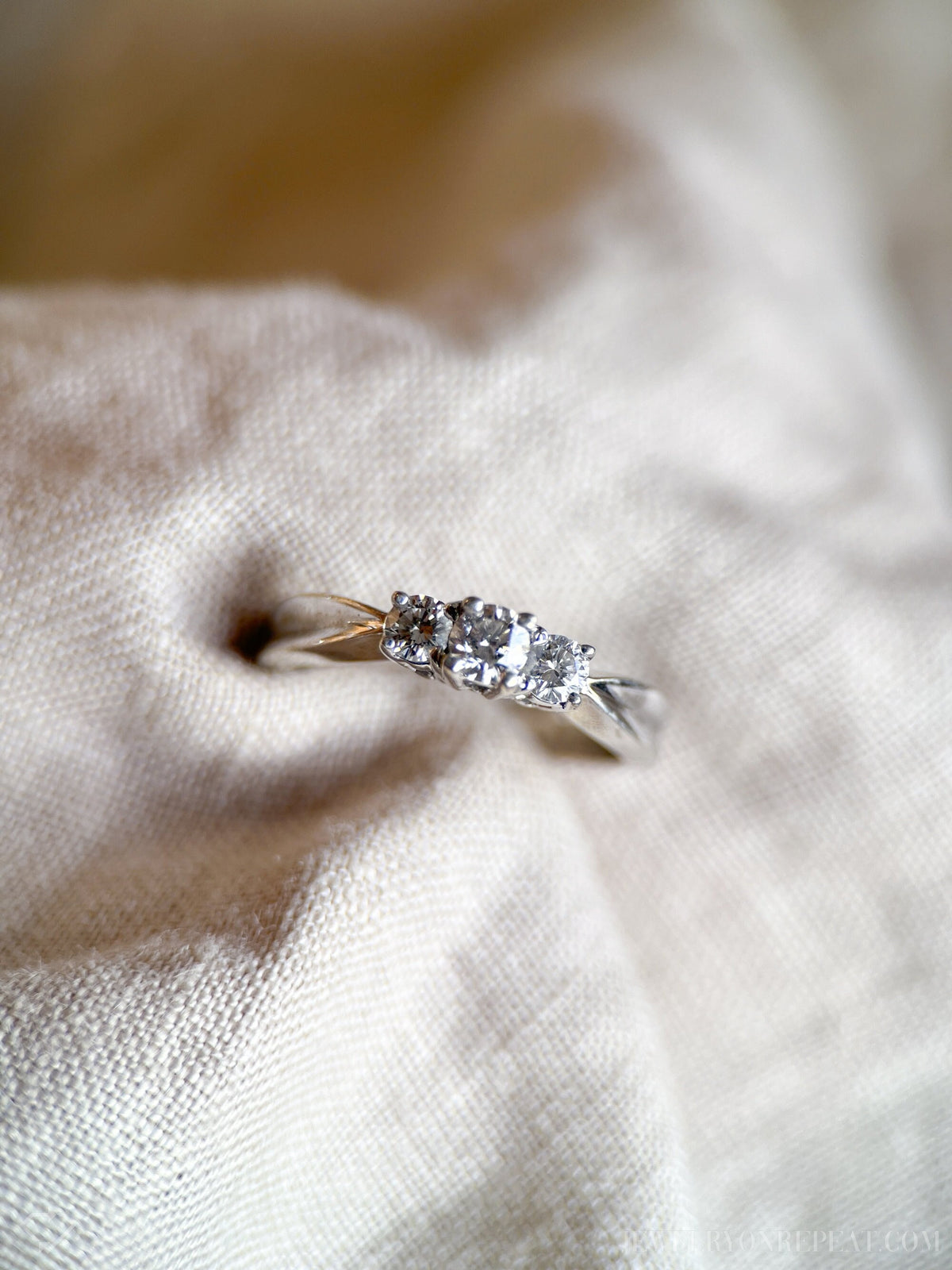 Vintage Diamond Engagement Ring, Round Cut, 14k White Gold, 1990s Three Stone Prong Setting