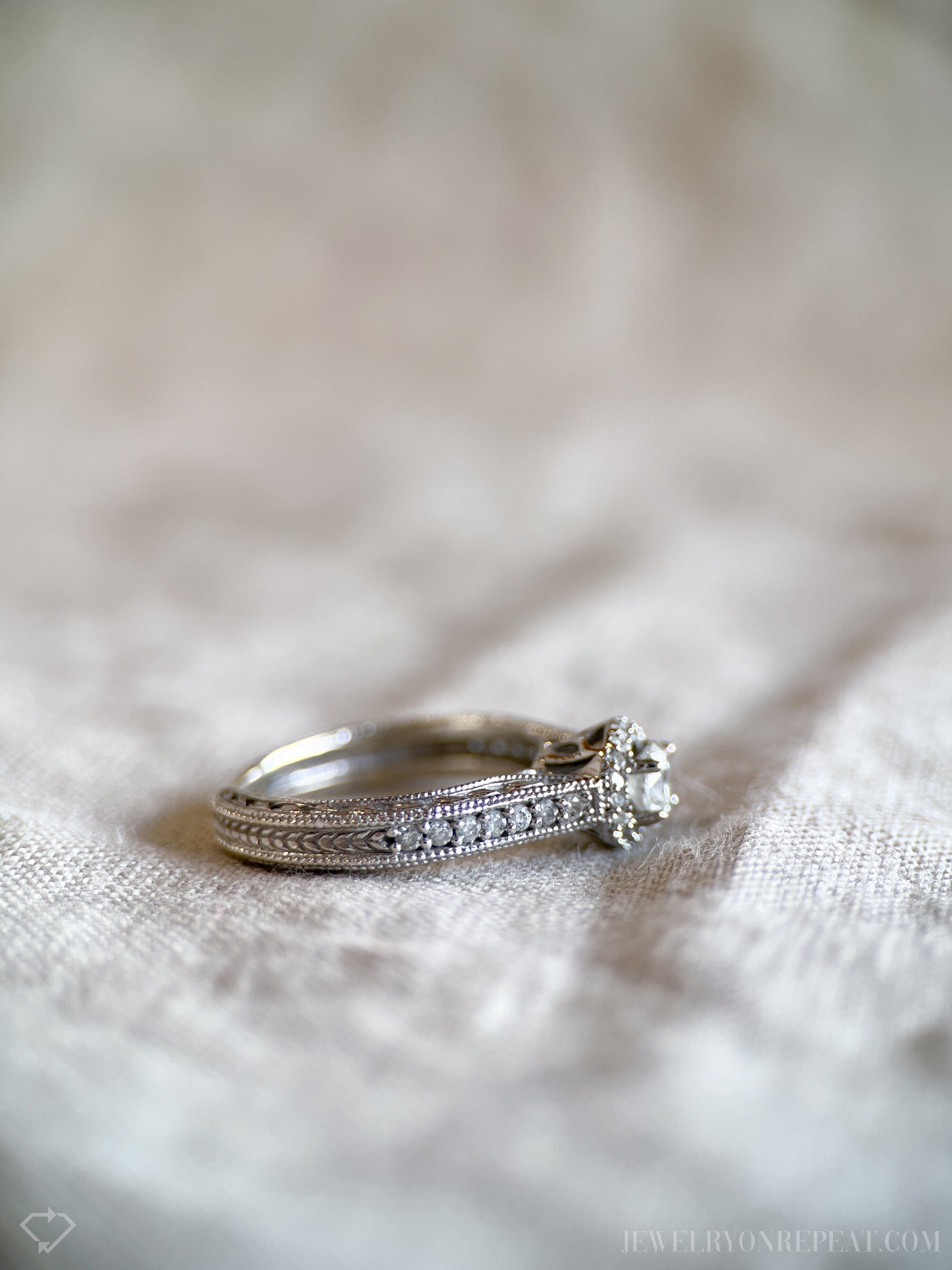 Vintage Diamond Halo Filigree Engagement Ring in 14k White Gold, Retro Jewelry from the 1990s - Timeless, Sustainable, @JewelryOnRepeat