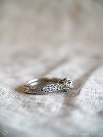 Vintage Diamond Engagement Ring, Round Cut, 14k White Gold, 1990s Halo Filigree Bridal Ring