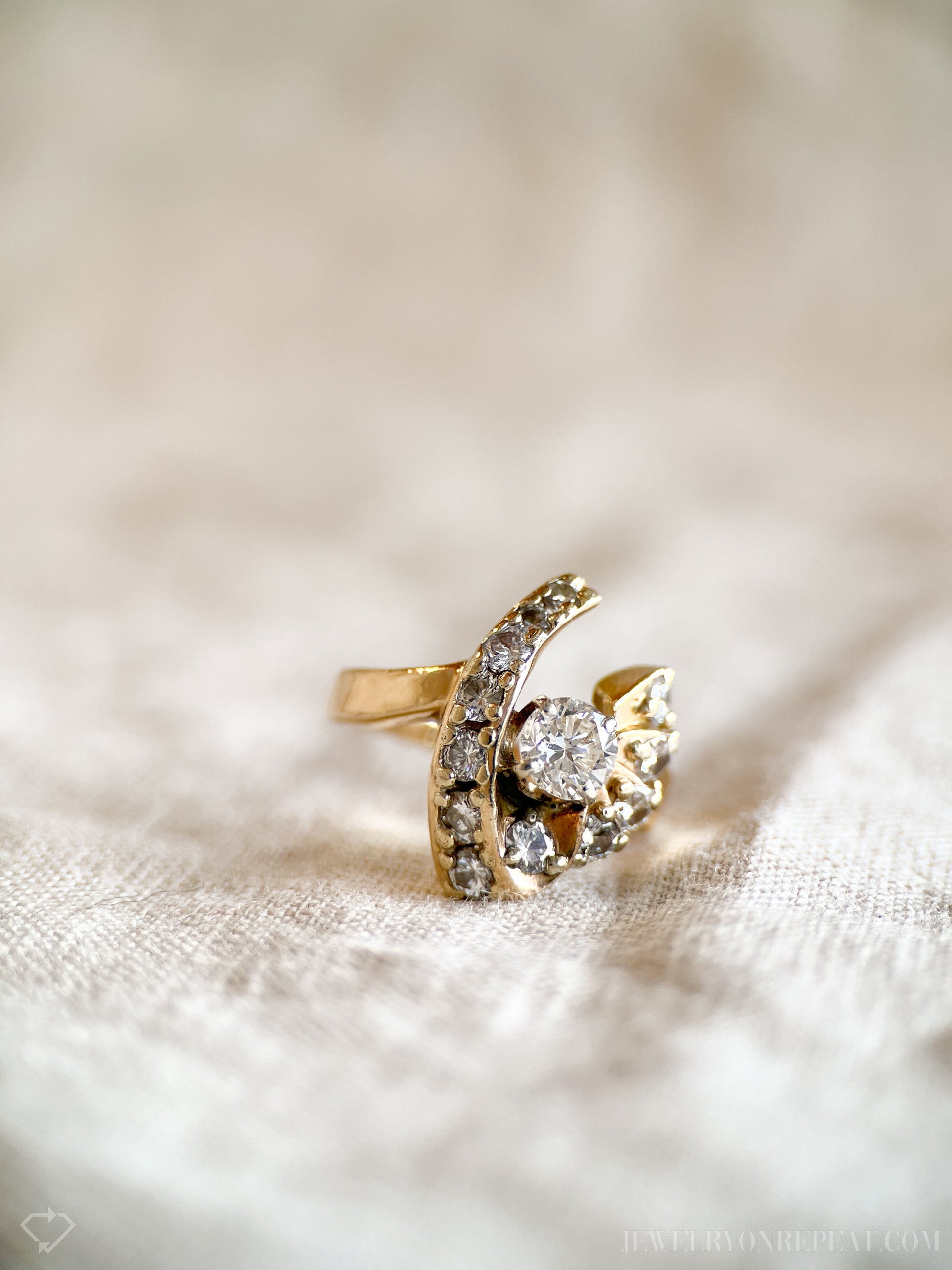 Vintage Diamond V Halo Engagement Ring in 14k Gold