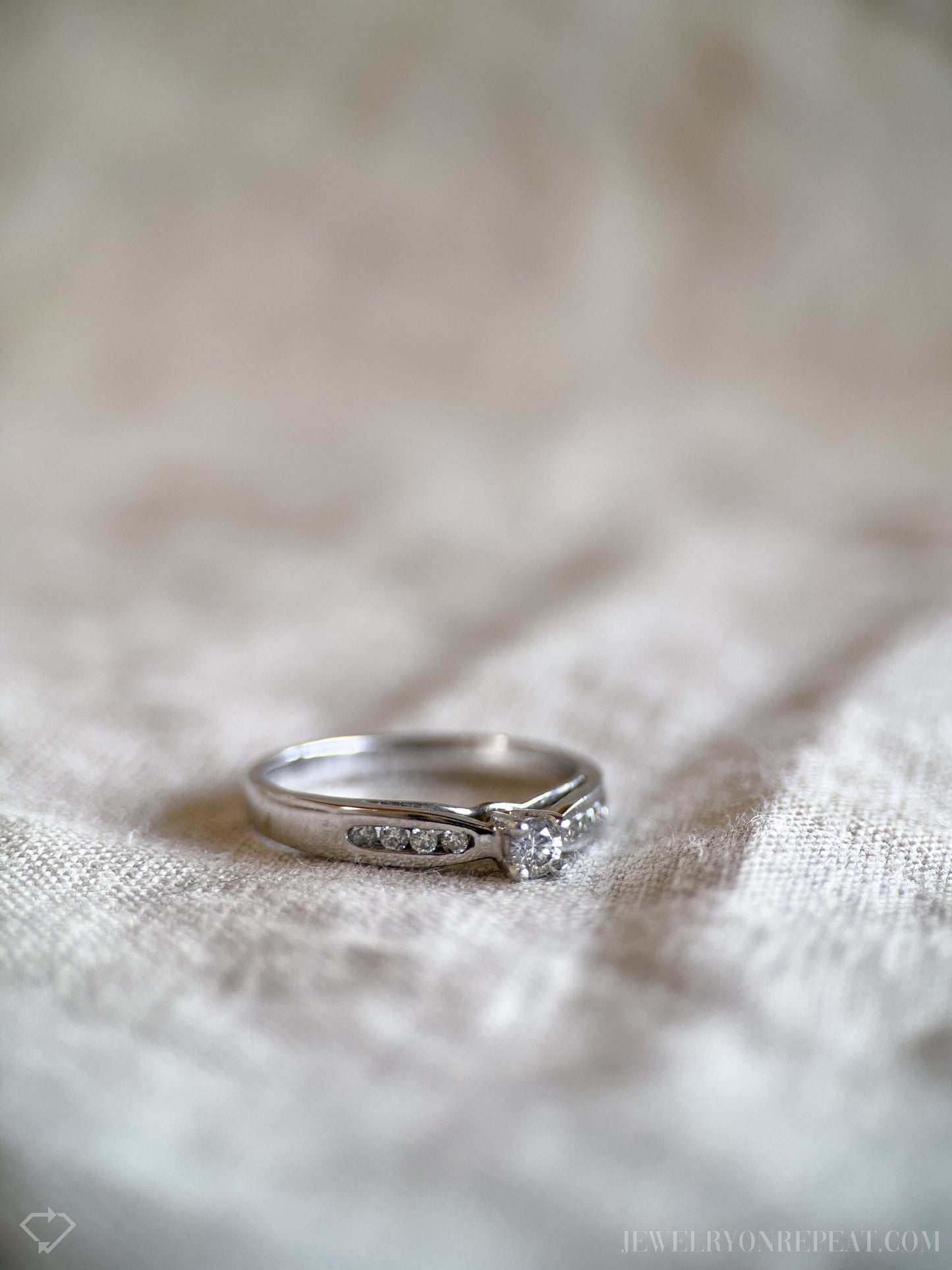 Vintage Diamond Engagement Ring, Round Cut, 10k White Gold, 1990s Channel Set Cathedral