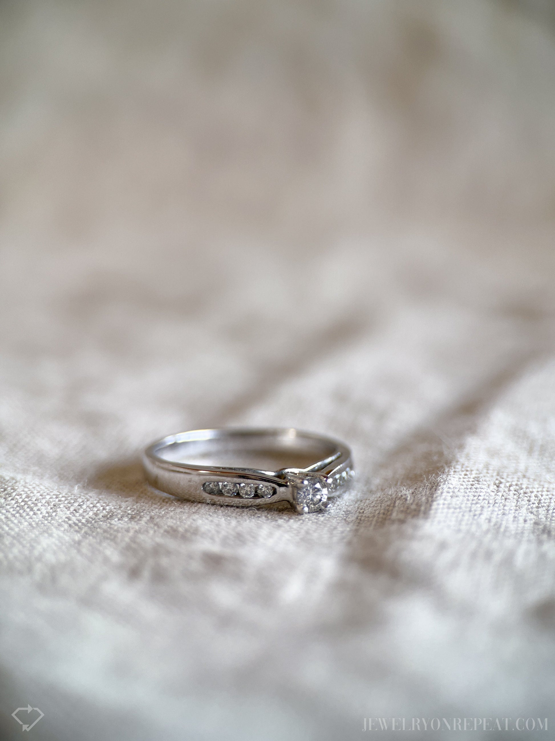 Vintage Diamond Engagement Ring, Round Cut, 10k White Gold, 1990s Channel Set Cathedral