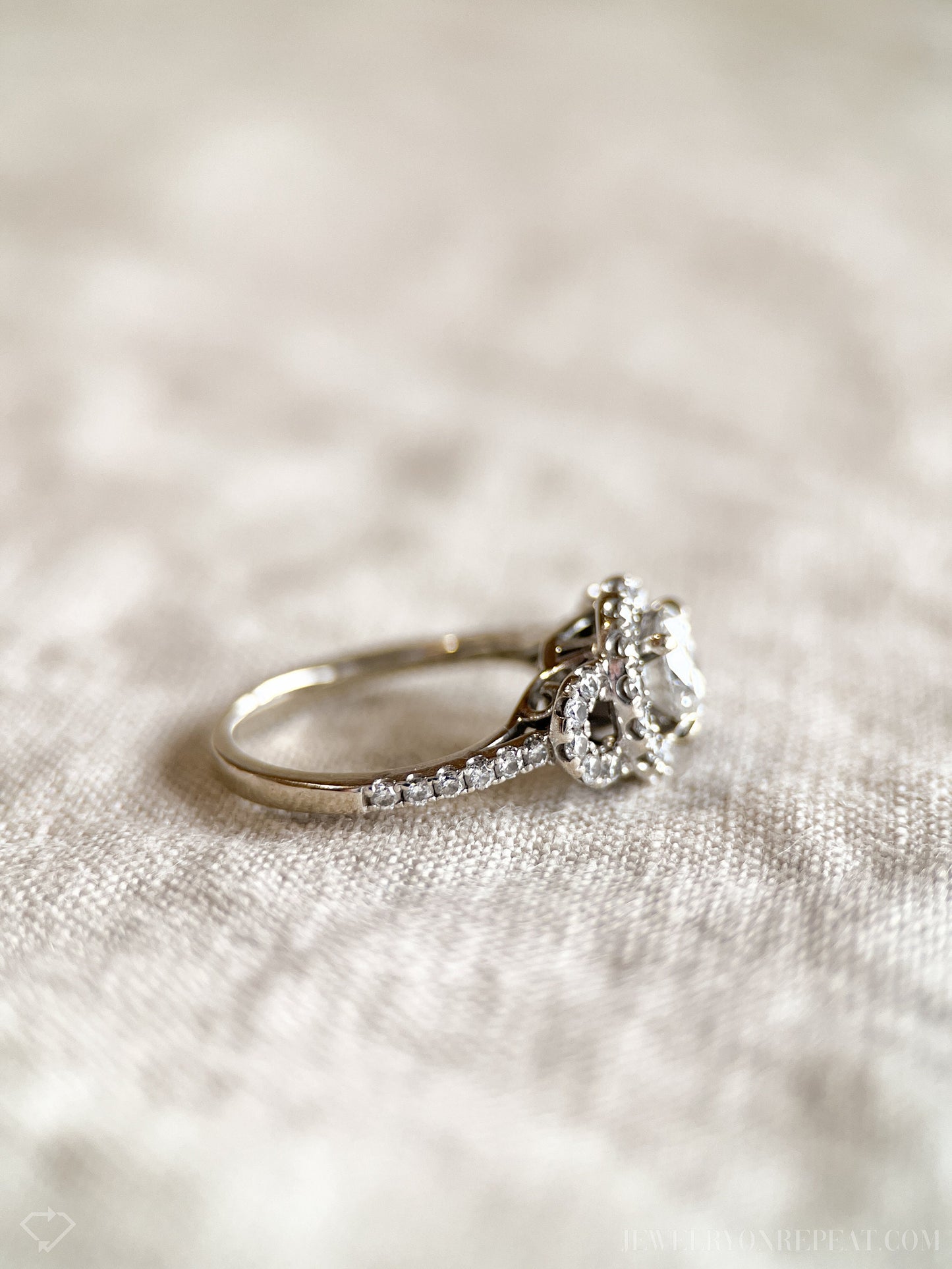 Vintage Diamond Engagement Ring, Round Cut, 14k White Gold, 2000s Ornate Halo Bridal Ring