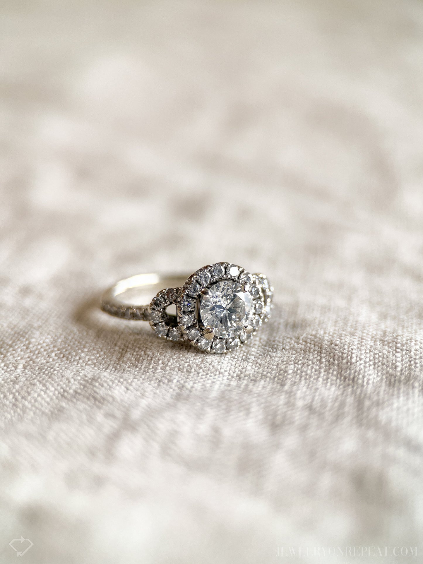 Vintage Diamond Engagement Ring, Round Cut, 14k White Gold, 2000s Ornate Halo Bridal Ring