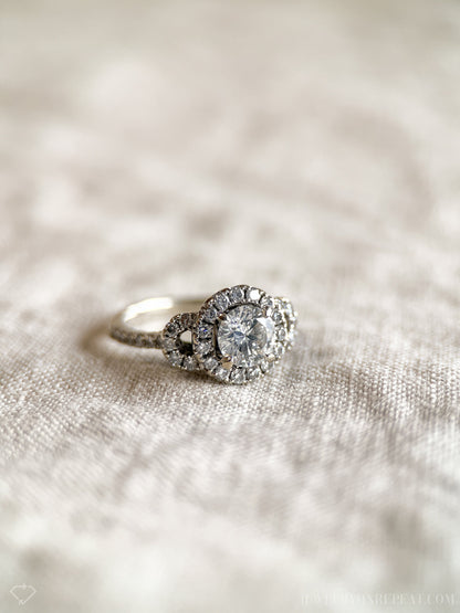 Vintage Diamond Engagement Ring, Round Cut, 14k White Gold, 2000s Ornate Halo Bridal Ring