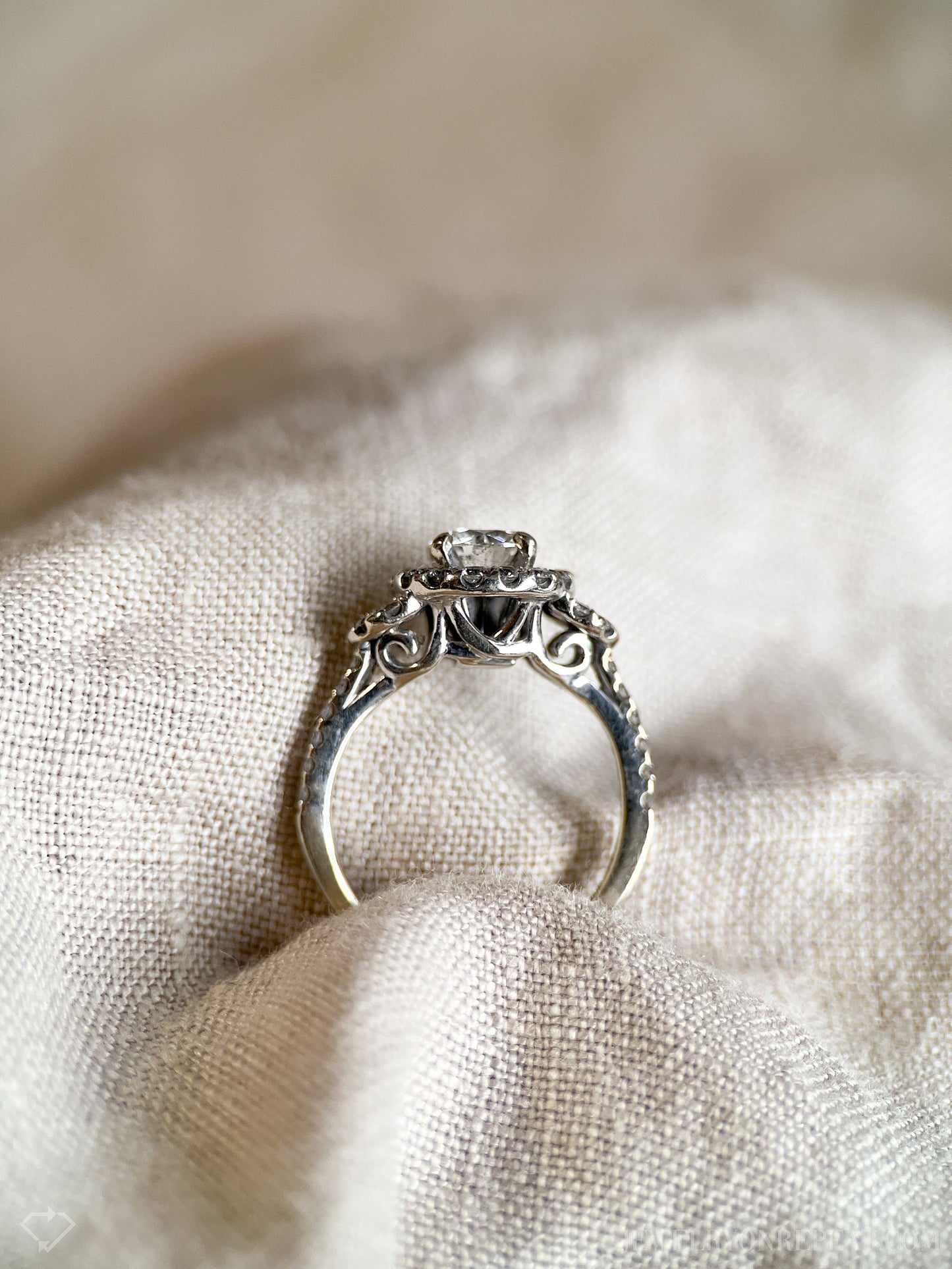 Vintage Diamond Engagement Ring, Round Cut, 14k White Gold, 2000s Ornate Halo Bridal Ring