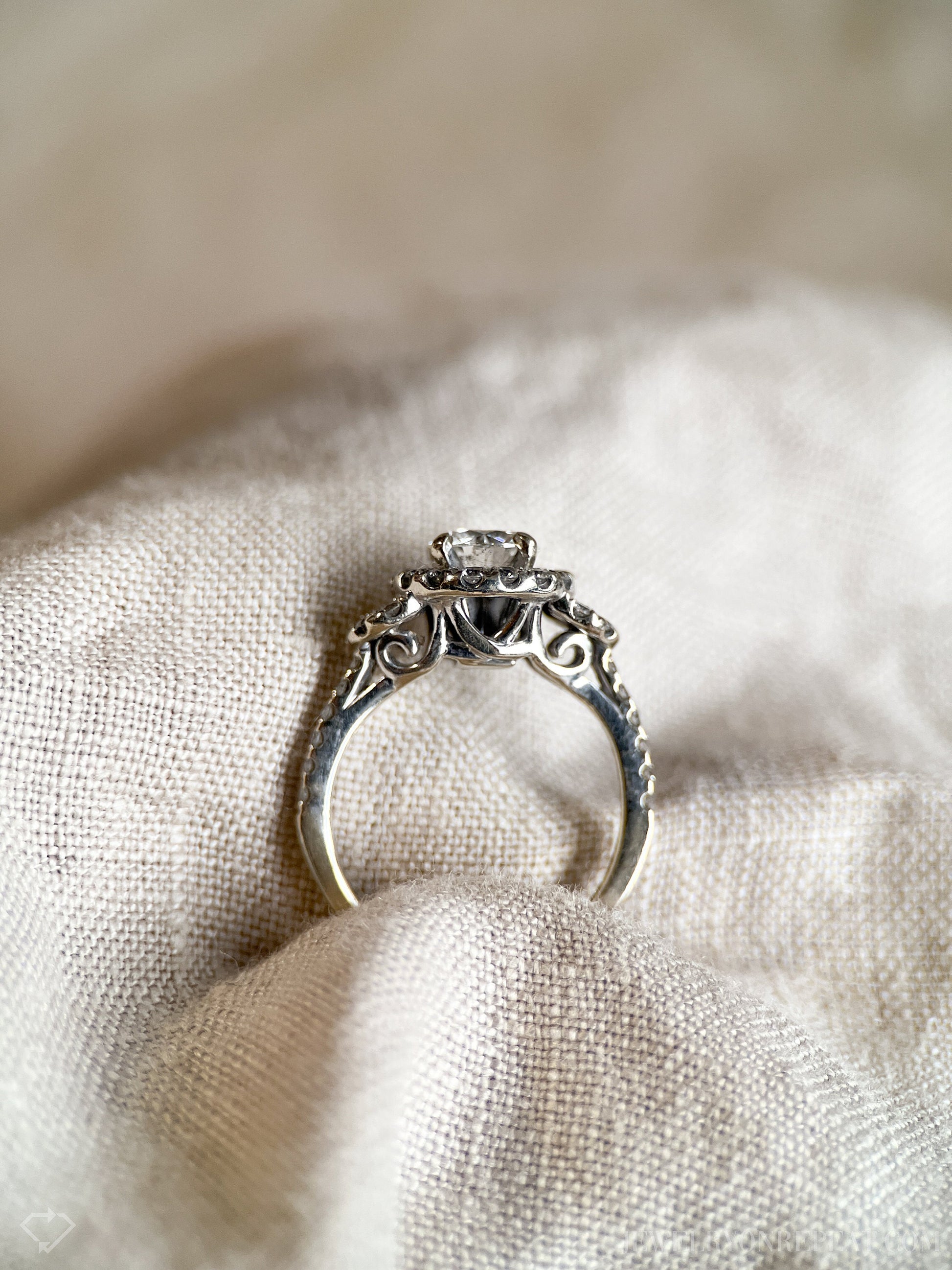 Vintage Diamond Engagement Ring, Round Cut, 14k White Gold, 2000s Ornate Halo Bridal Ring