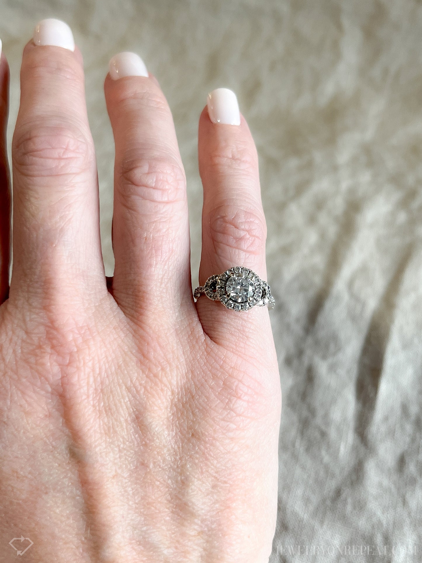 Vintage Diamond Engagement Ring, Round Cut, 14k White Gold, 2000s Ornate Halo Bridal Ring