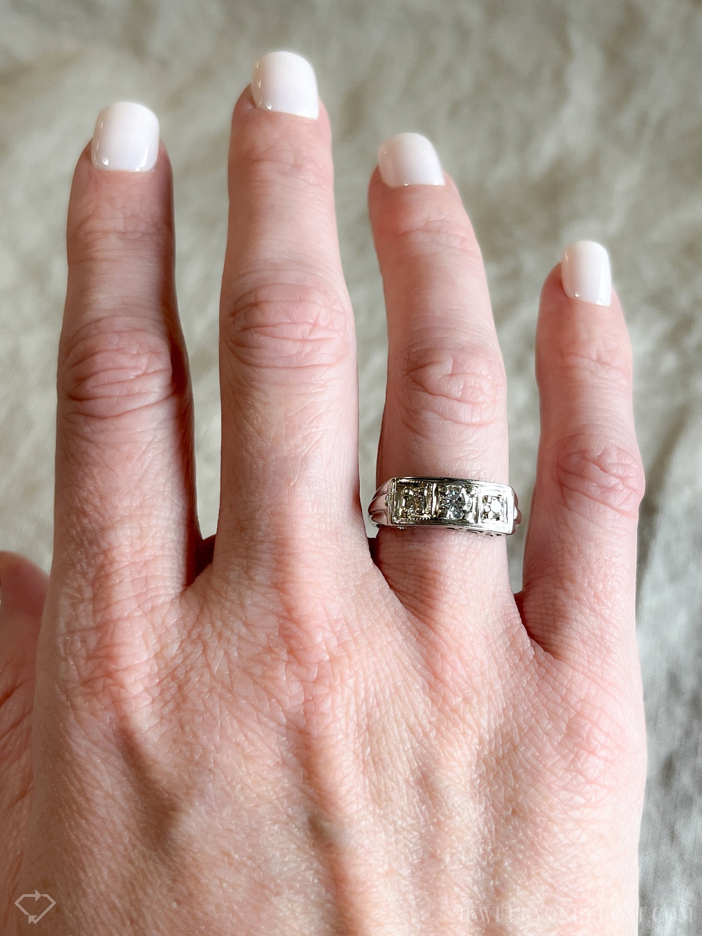 Vintage 1930s Diamond Three Stone Engagement Ring, 14k White Gold
