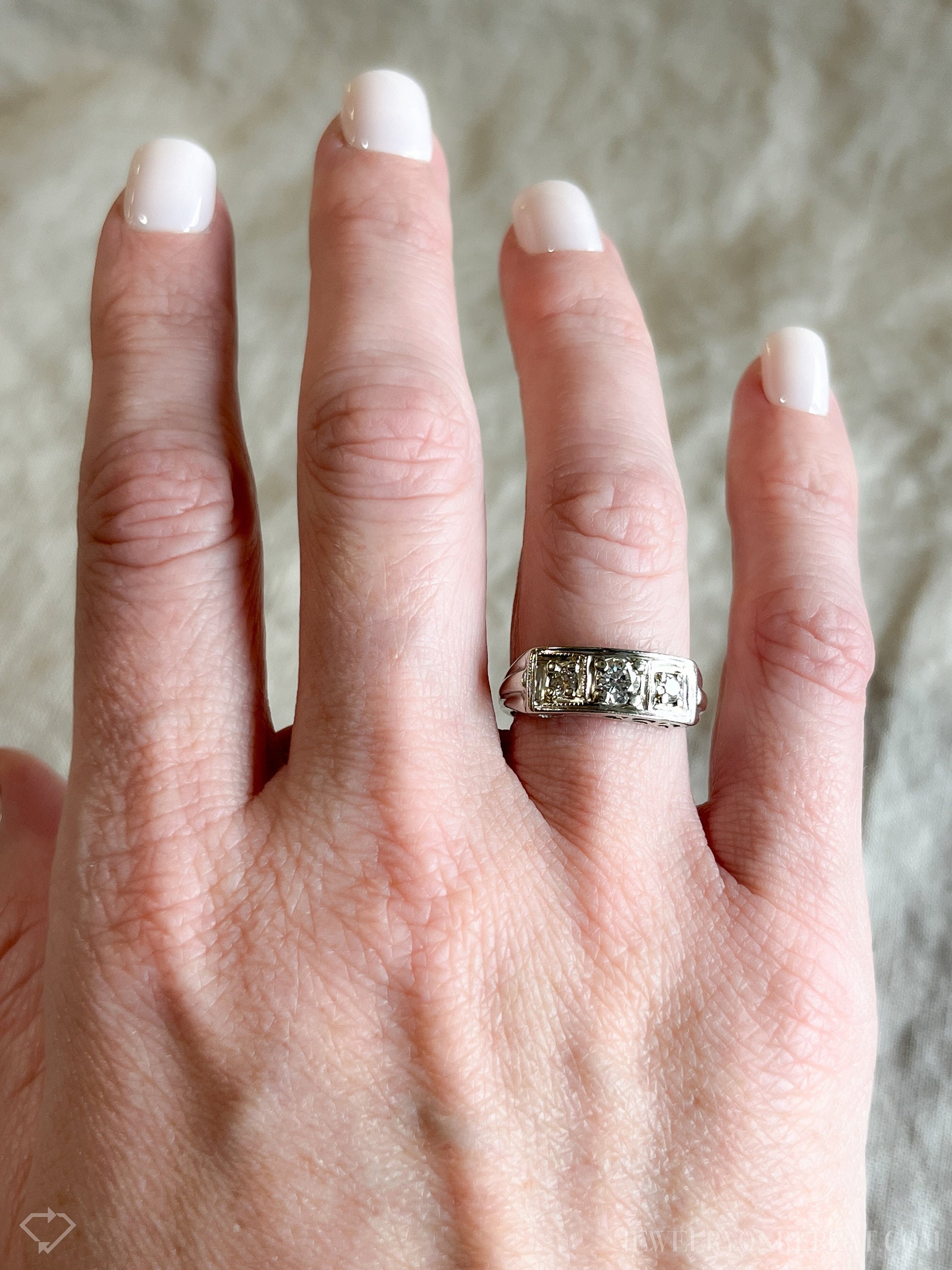 Vintage 1930s Diamond Three Stone Engagement Ring, 14k White Gold