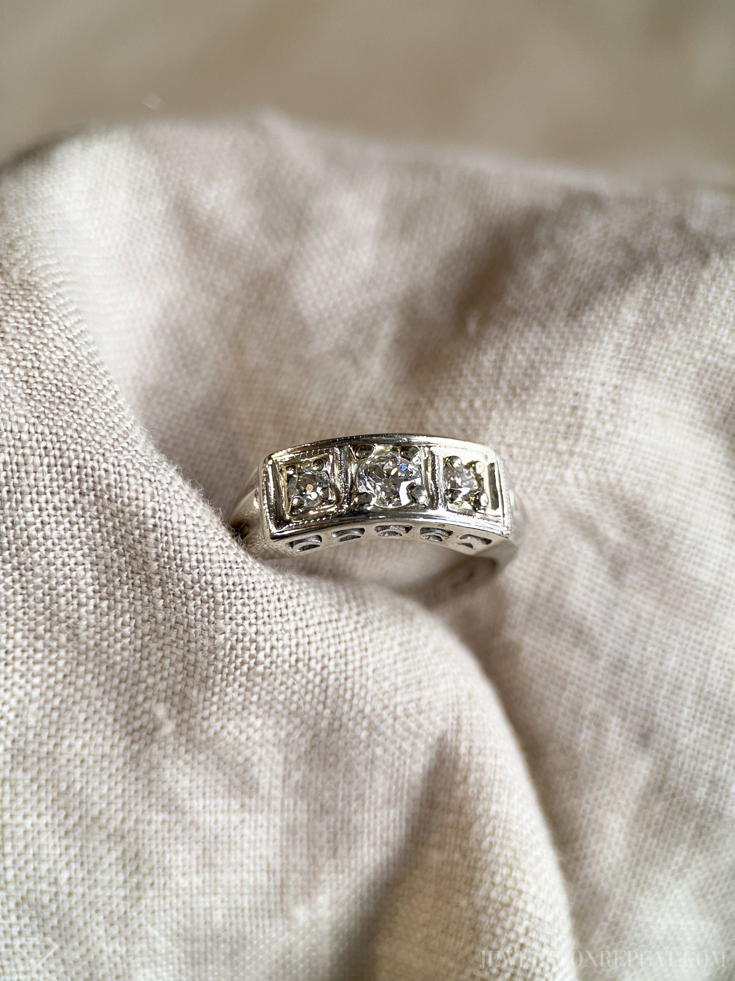 Vintage 1930s Diamond Three Stone Engagement Ring, 14k White Gold