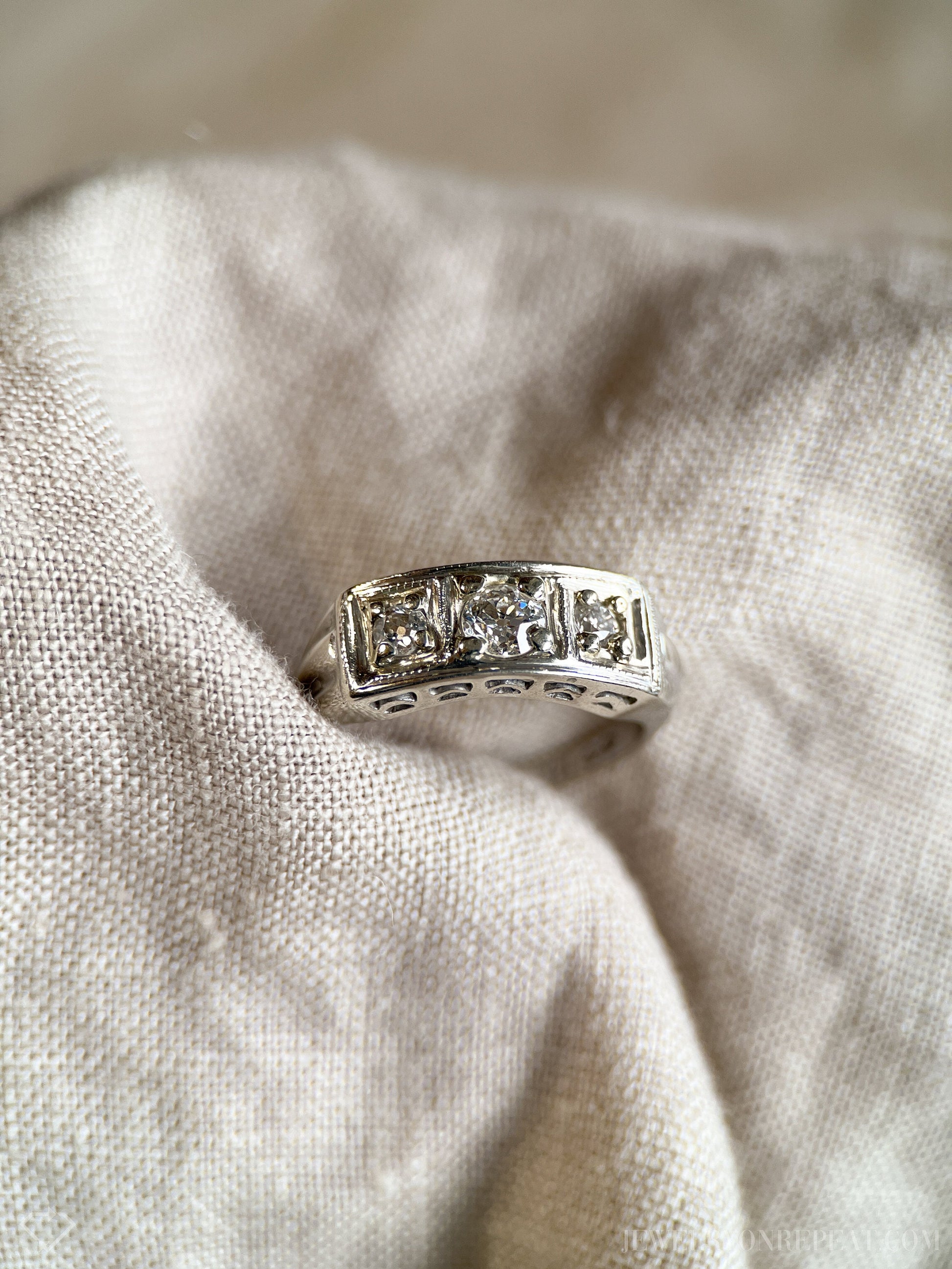 Vintage 1930s Diamond Three Stone Engagement Ring, 14k White Gold