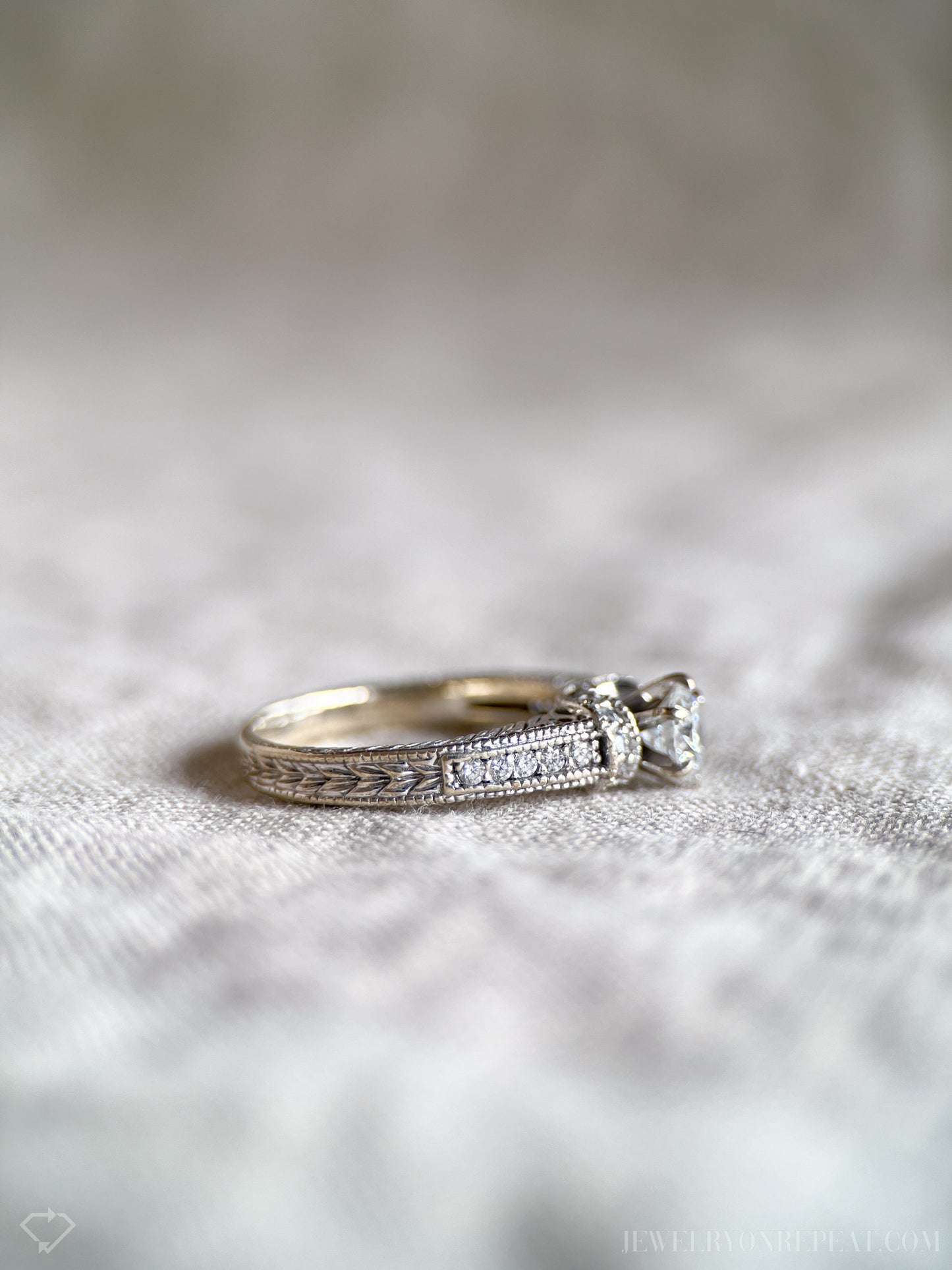 Vintage Diamond Engagement Ring, Round Cut, 18k White Gold, 2000s Ornate Filigree Cathedral