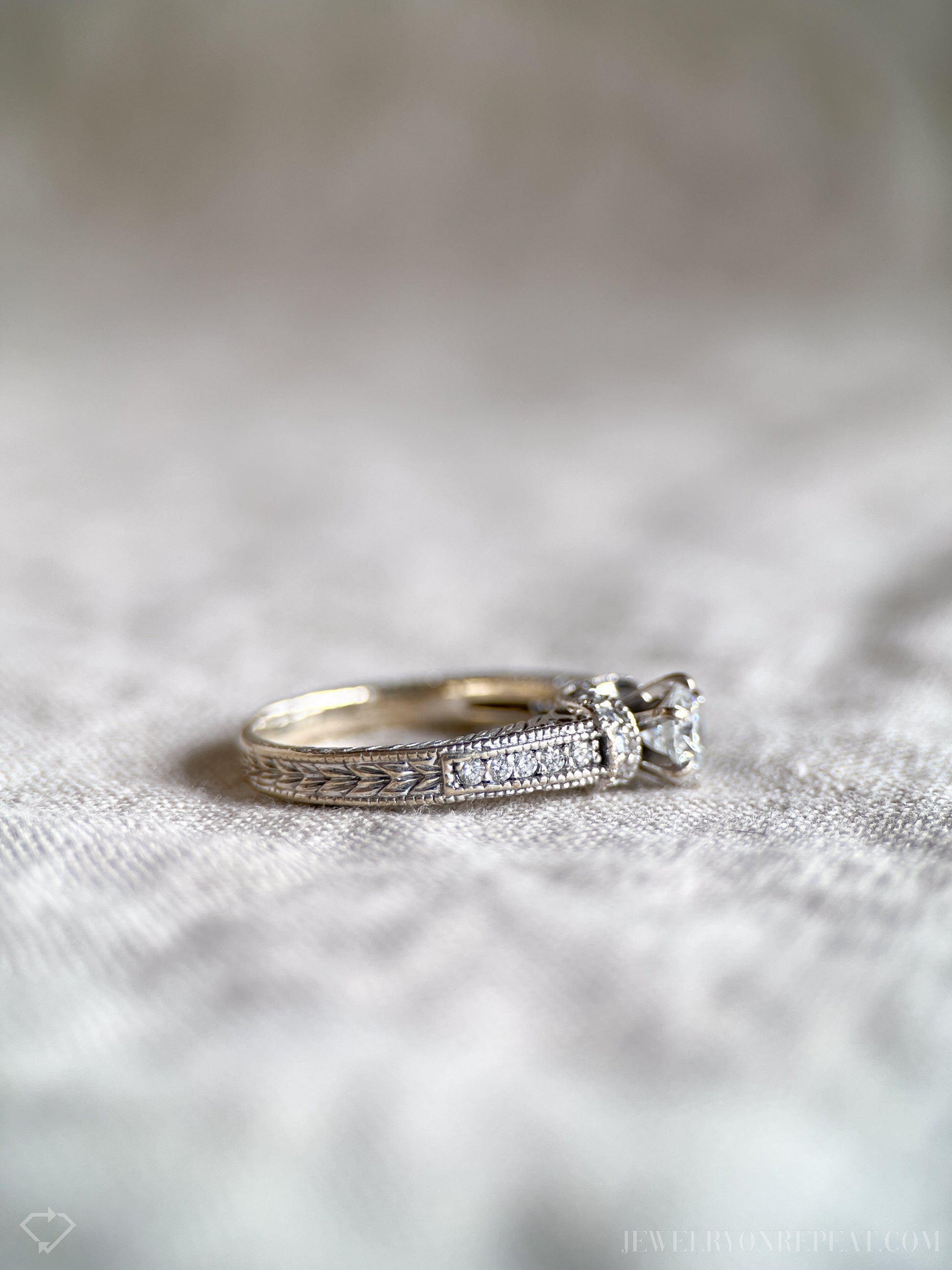 Vintage Diamond Engagement Ring, Round Cut, 18k White Gold, 2000s Ornate Filigree Cathedral